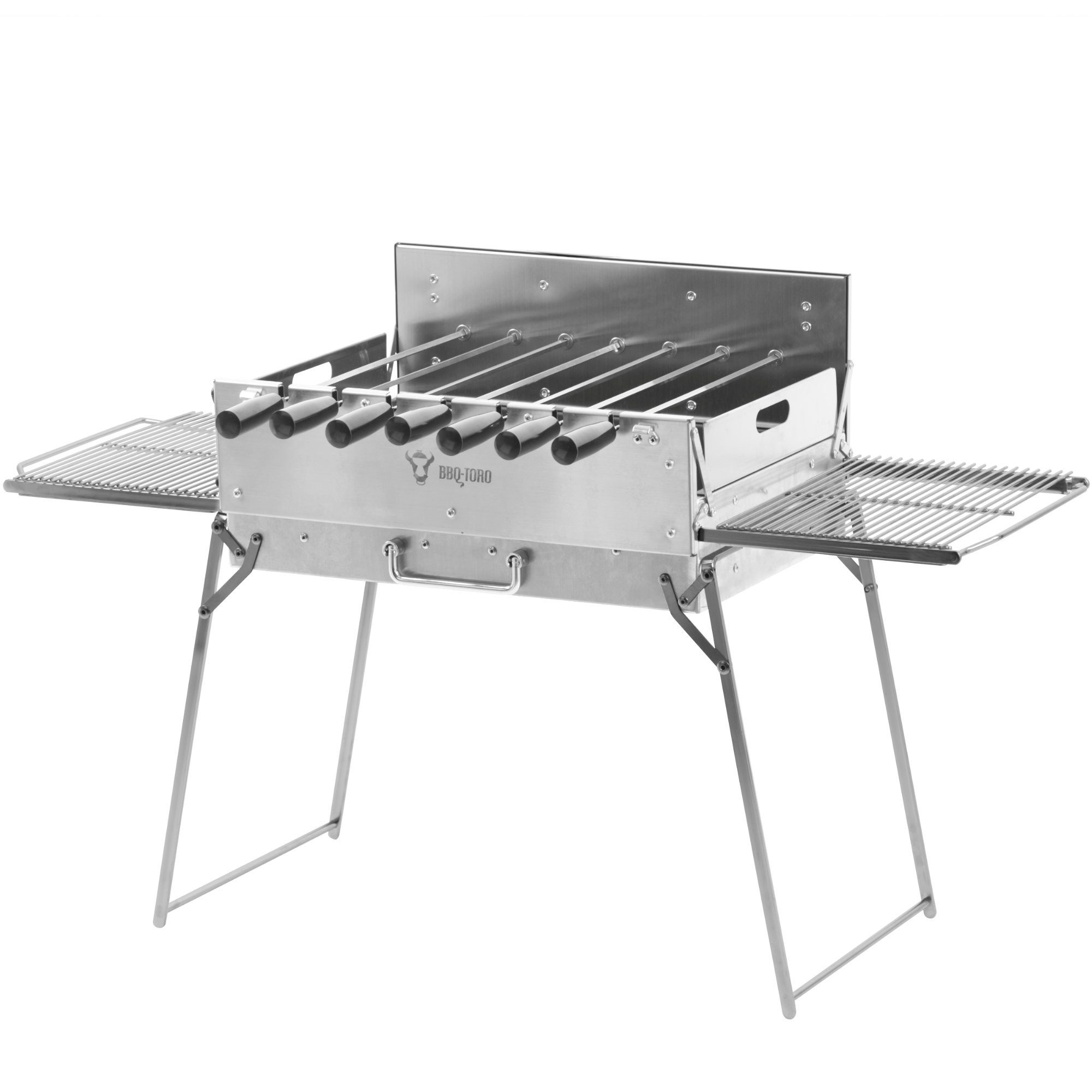 BBQ-Toro Drehspieß Holzkohlegrill mit elektrischem Spießdreher, Edelstahl, klappbar, Alle Zubehörteile im Grill verstaubar