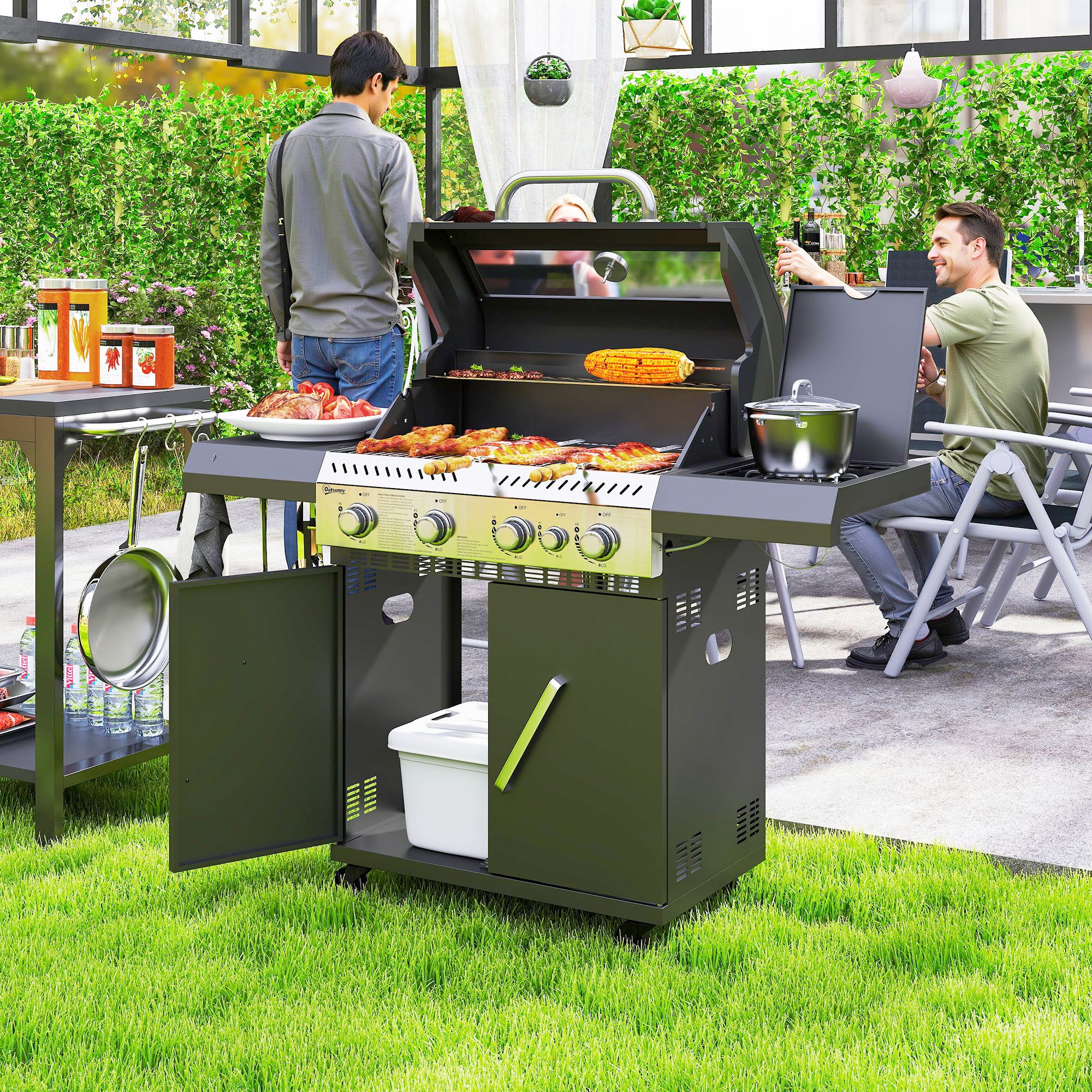 Outsunny Gasgrill inkl 5 Brenner, Seitenkocher, Rolle, BBQ Gartengrill, 12 KW Grillwagen, mit Thermometer, Seitenablagen, für Balkon, Grill 135 x 54 x 110 cm