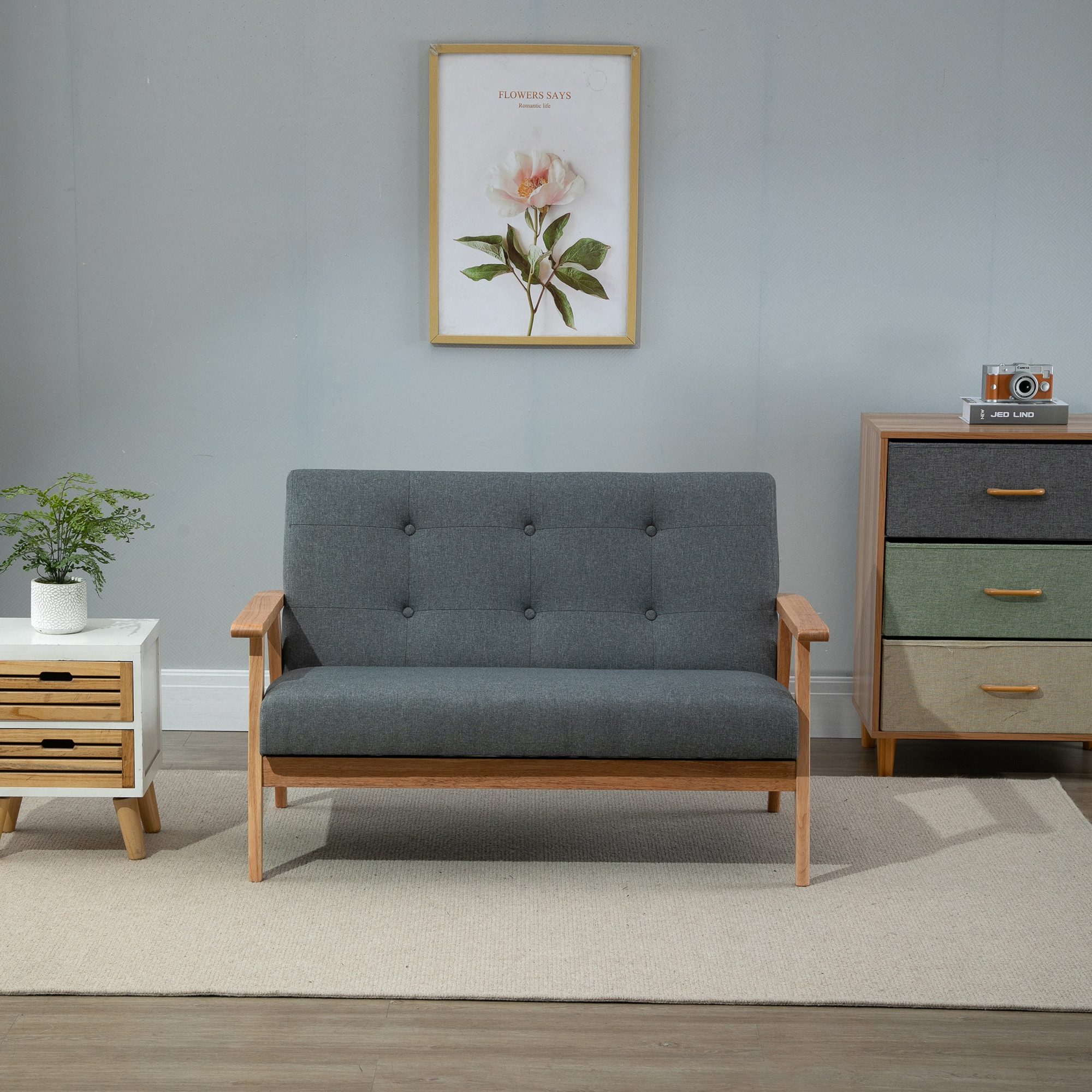 HOMCOM Sofa Sofa mit Armlehnen, Rückenlehne für Wohnzimmer, Schlafzimmer, Polsterung Loveseat kompaktes Design 1 Teile, Leinen Gummiholz Dunkelgrau 115 x 66,5 x 73 cm