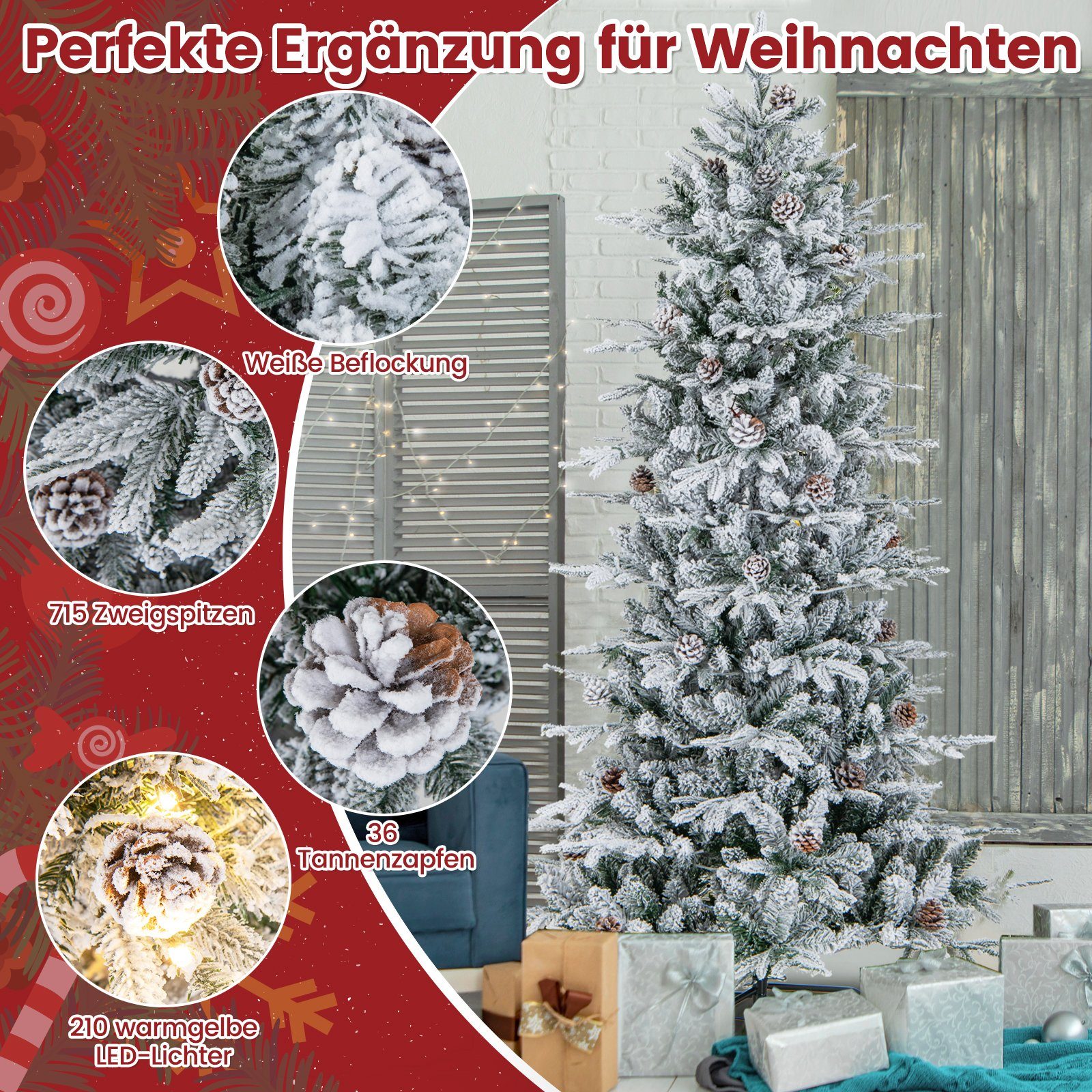 und LEDs Weihnachtsbaum, Tannenzapfen mit 210 36 180cm COSTWAY Künstlicher