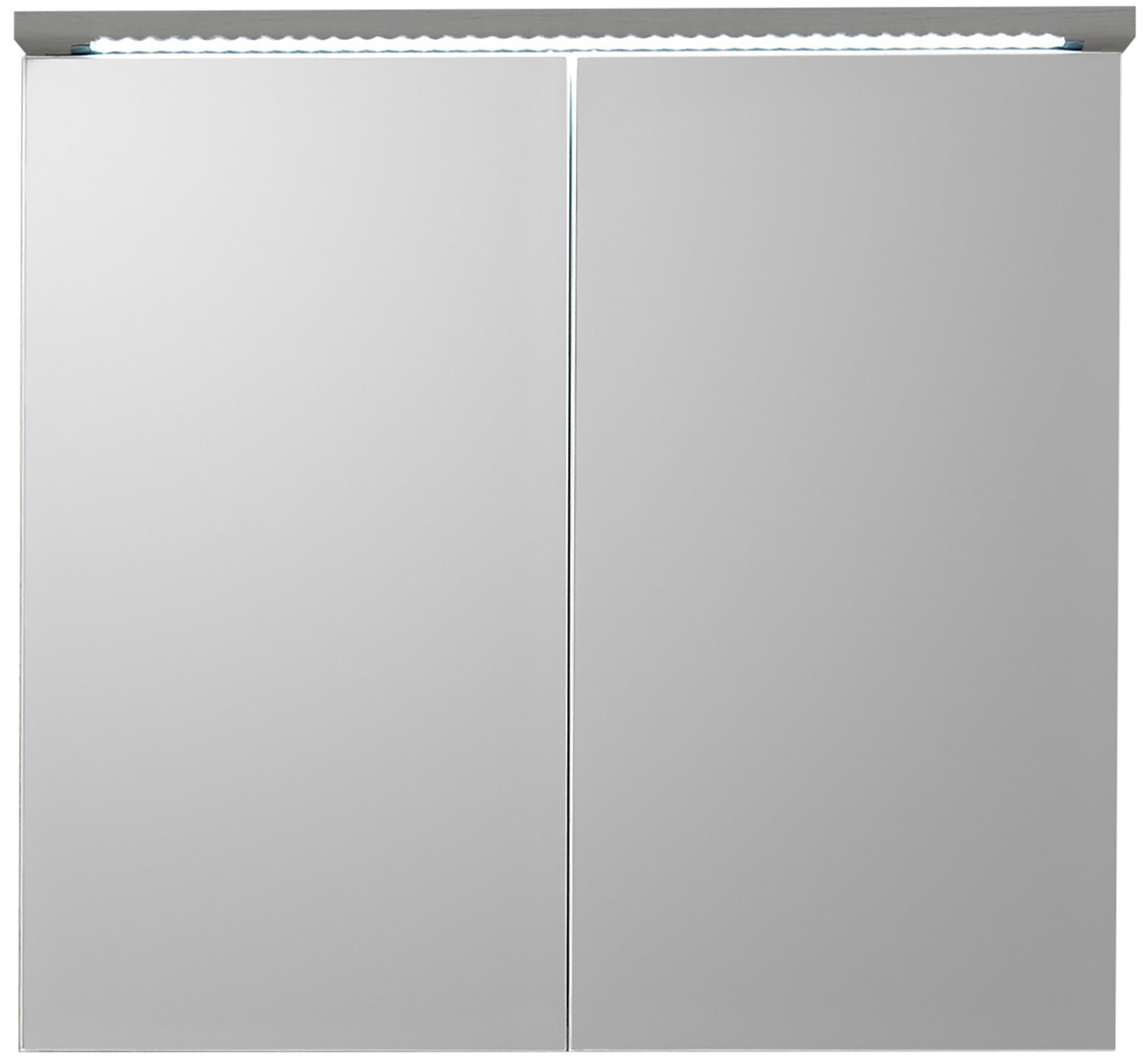 möbelando Spiegelschrank Höhe 77 Randolph 80 cm, Breite Tiefe Glaseinlegeböden, 23 Spiegelschrank Titan cm, inkl. und aus Spiegeltüren Moderner LED-Beleuchtung. in 2 Spanplatte cm mit 2