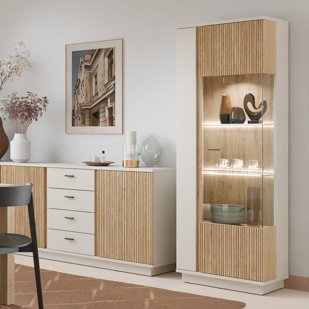 Lomadox Wohnzimmer-Set MOLINA-129, (Mega-Spar-Set, 4-St., Highboard Lowboard Vitrine Wandregal), Wohnzimmermöbel in Eiche & kaschmir mit Softclose & LED-Beleuchtung