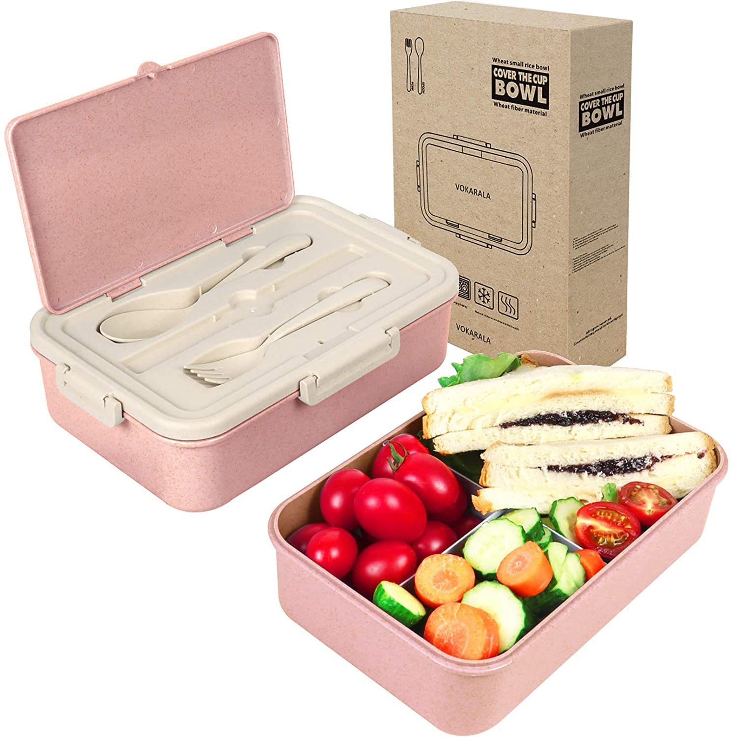 Grün O-Kinee Lunchbox Brotdose Bento Box Vesperdose für Kinder und Erwachsene Mit 3 Fächern Auslaufsicher Mikrowelle Gefertigt aus Weizen Biologisch Abbaubar Plastikfrei BPA Frei