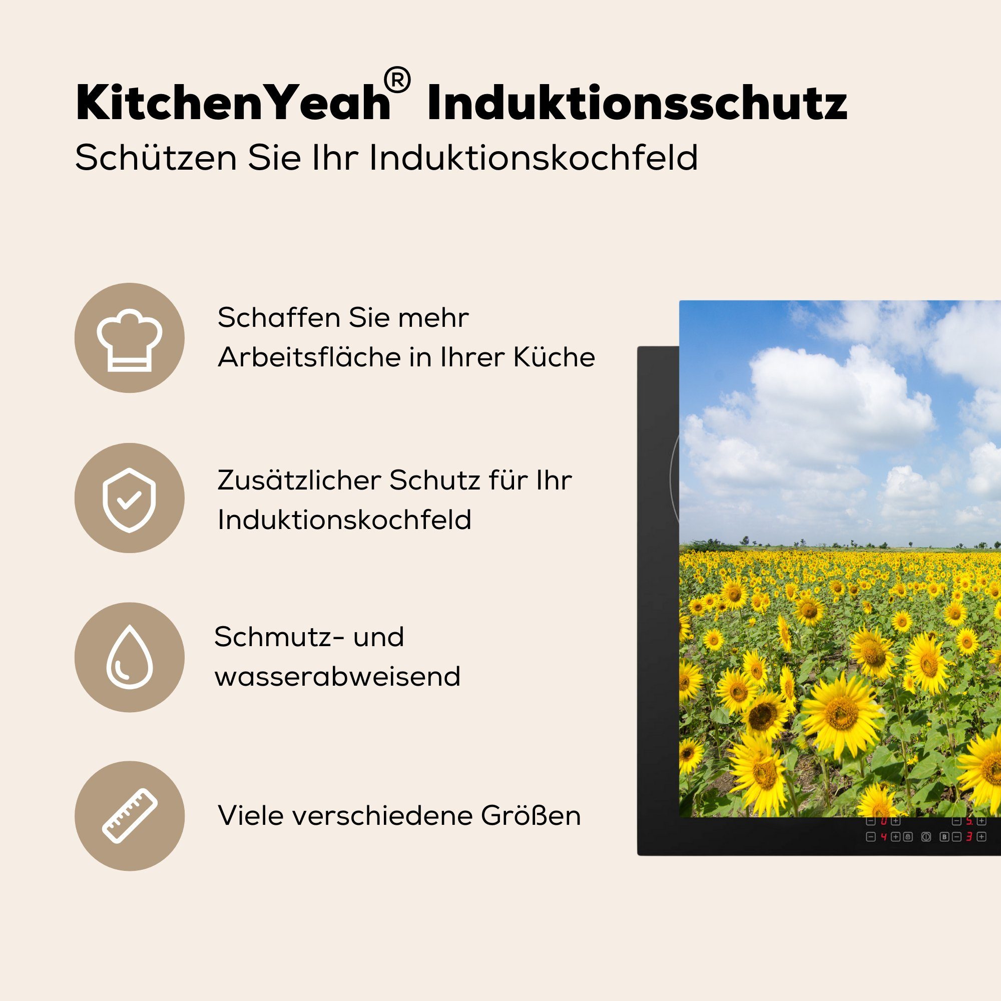 MuchoWow Herdblende-/Abdeckplatte Sonnenblumen (1 Induktionsschutz, 59x51 Blumen - Vinyl, Landschaft, Natur Wolken cm, - - - tlg), Gelb Induktionskochfeld, - Ceranfeldabdeckung