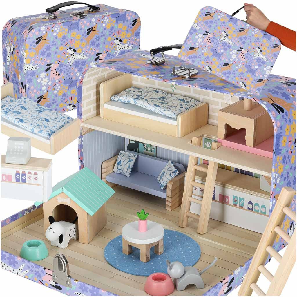 Ikonka Puppenhaus Tierhotel im Koffer mit Holzmöbeln und Tierfiguren, (Tierhotel Puppenhaus im Koffer mit Möbeln und Figuren, 18-tlg., Tierhotel im Koffer mit Holzmöbeln und Tierfiguren 18-teilig), Tierhotel im Koffer Tragbar Platzsparend verstaubar