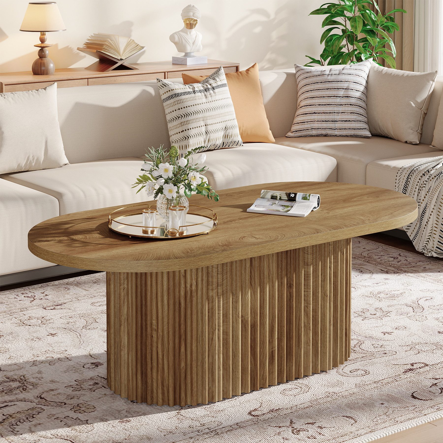 Tribesigns Couchtisch Ovaler Couchtisch, 120 cm langer Holztisch mit geriffeltem Design