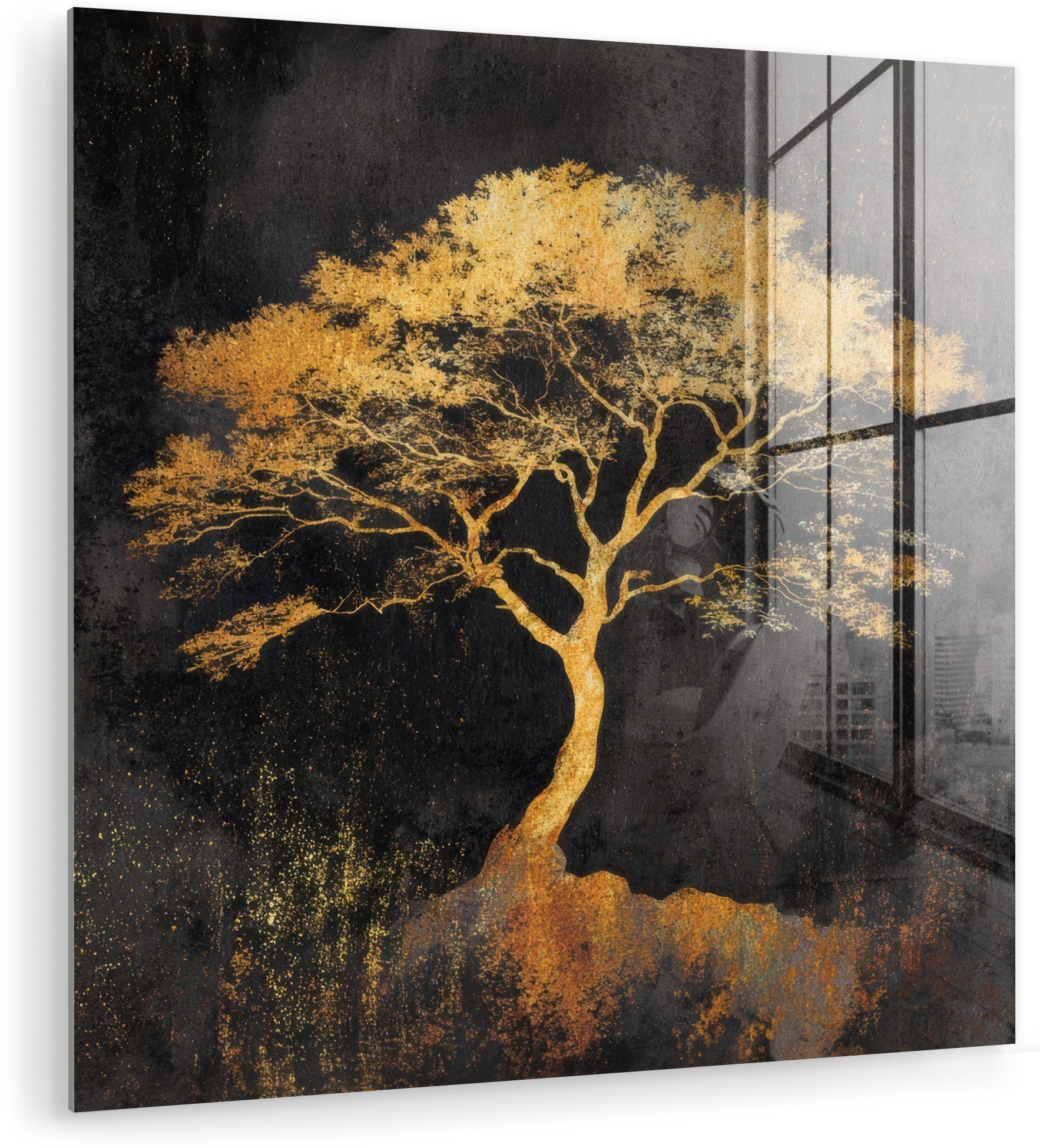 MuchoWow Acrylglasbild Baum - Kunstdrucke - Gold - Abstrakt, Inkl. Aufhängung, Bilder auf Glas Wandbild, Wanddeko Wohnzimmer Badezimmer, 20x20 cm