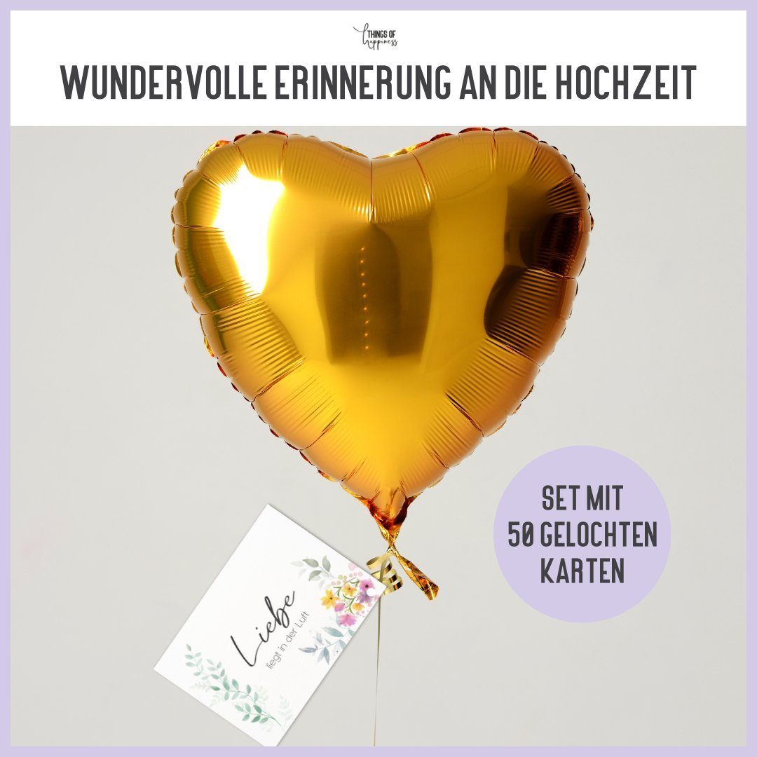 Things of Happiness Grußkarten 50 Stück Ballonkarten Hochzeit, Ballonflugkarten als Hochzeitsspiel, im Boho Stil, Postkarten Luftballons, extra leicht