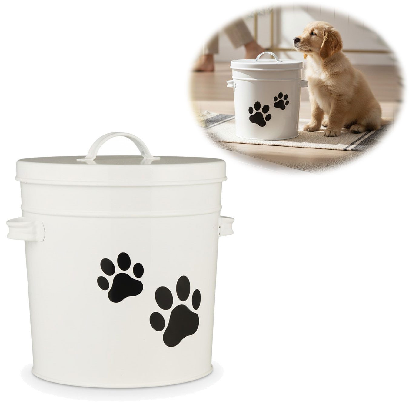 LS-LebenStil Futterbehälter IB Laursen Vintage Futtereimer 5L Futtertonne Hundefutter Aufbewahrung, Metall, (Weiß 22x24cm Eimer mit Deckel Futtertonne Futterbox Futterdose, 1-tlg., für Trockenfutter Hundefutterbehälter Hundemotiv), Pfotenmotiv, Hundepfote