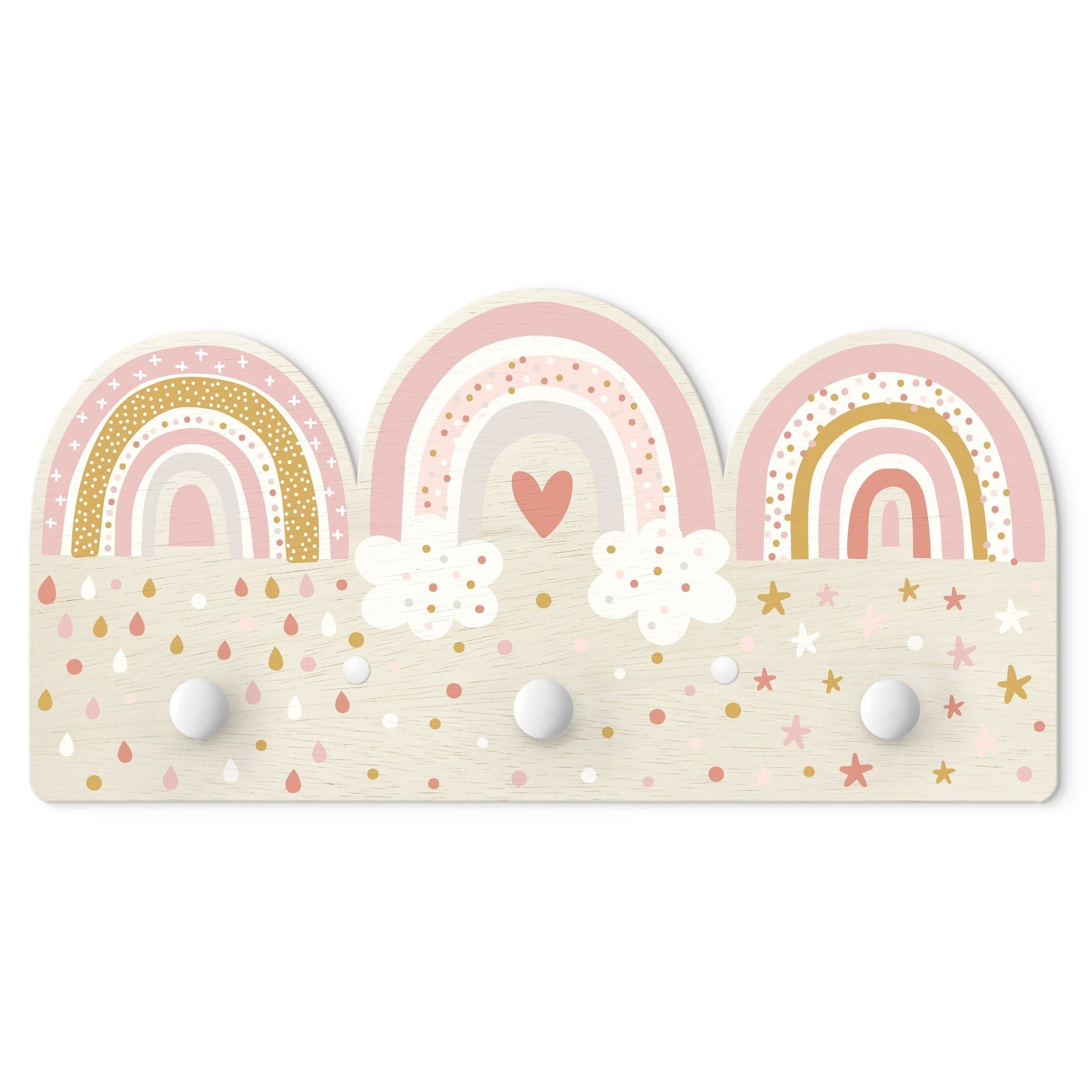 Bilderdepot24 Garderobenpaneel rosa Muster Weltall Himmel Sterne Regenbögen Rosa Mix (Kindergarderobe holz Kleiderhaken für die Wand inkl. Montagematerial), moderne Wand Garderobenleiste Flur - kleine Hakenleiste Kinderzimmer