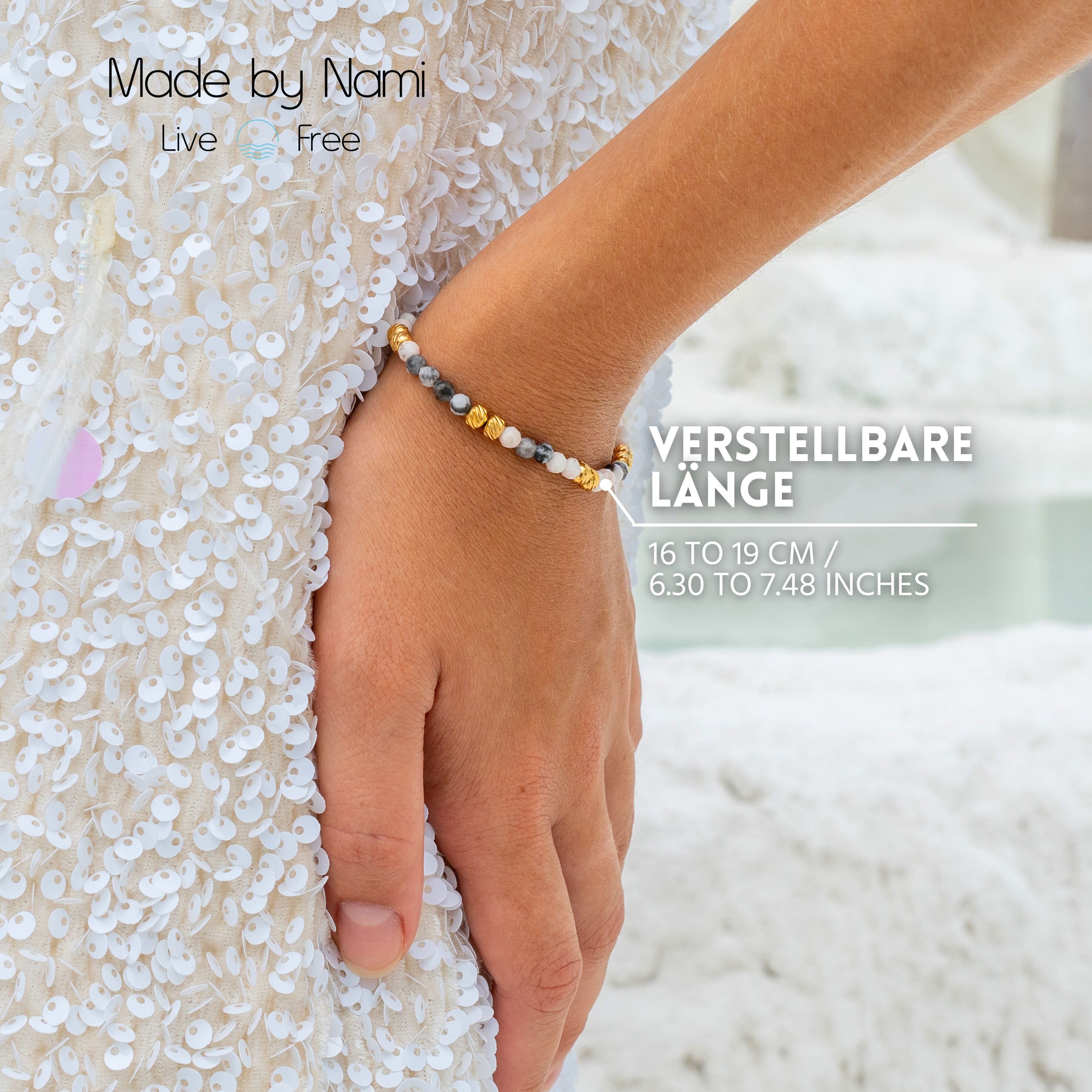 Made by Nami Perlenarmband Damen Damenarmband Größenverstellbar Wasserfest in Natur oder Grün, hohe Qualität mit verschiedenen Perlen – Bild 5 von 5