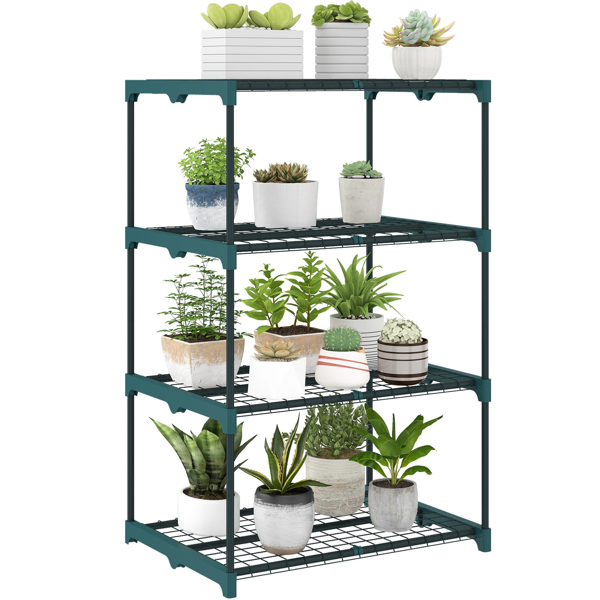 OKWISH Blumenständer Pflanzenständer 4 Etagen 105 cm, Blumenregal Stahl Dunkelgrün (1 St., Dekorativer Blumenständer aus Metall, Standregal für Garten und Balkon), Pflanzenregal für Innen und Außen, mehrstufige Ablage für Blumentöpfe