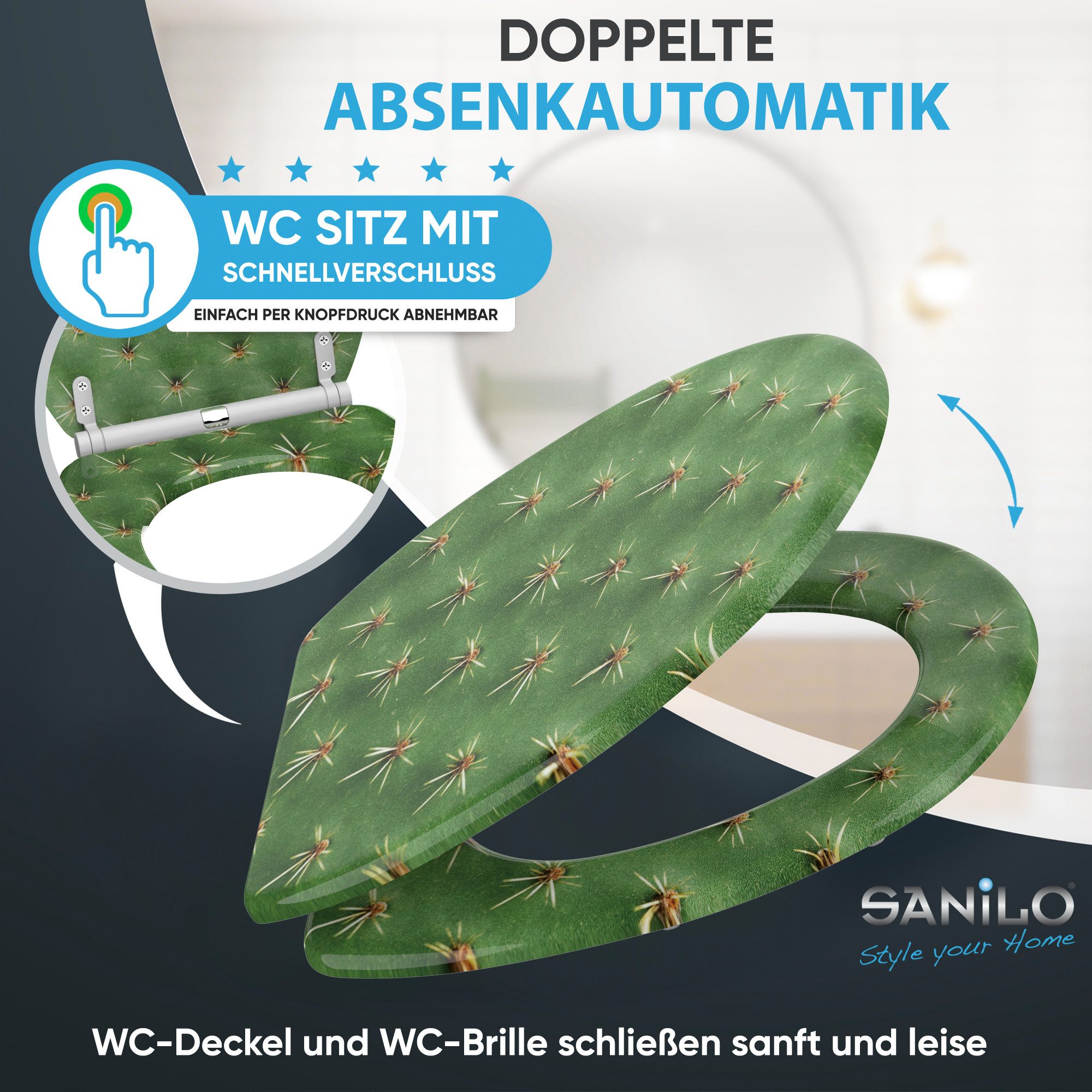 Sanilo WC-Sitz Kaktus mit Absenkautomatik & Quick Release, Premium Toilettendeckel, abnehmbar, leichte Montage von oben – Bild 3 von 5