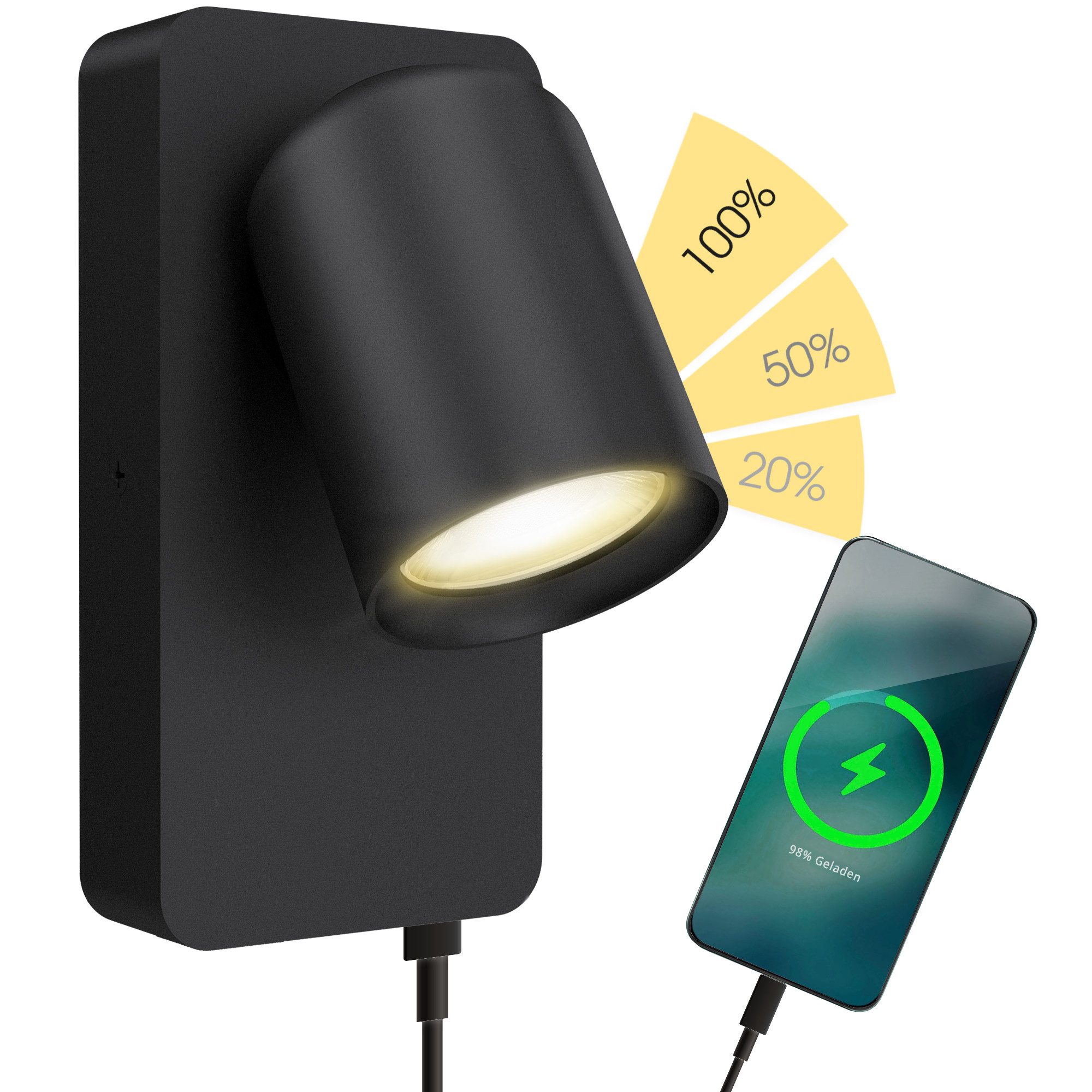 SSC-LUXon LED Wandleuchte NERU Wandleuchte schwarz USB mit fourSTEP LED GU10 warmweiß, Warmweiß