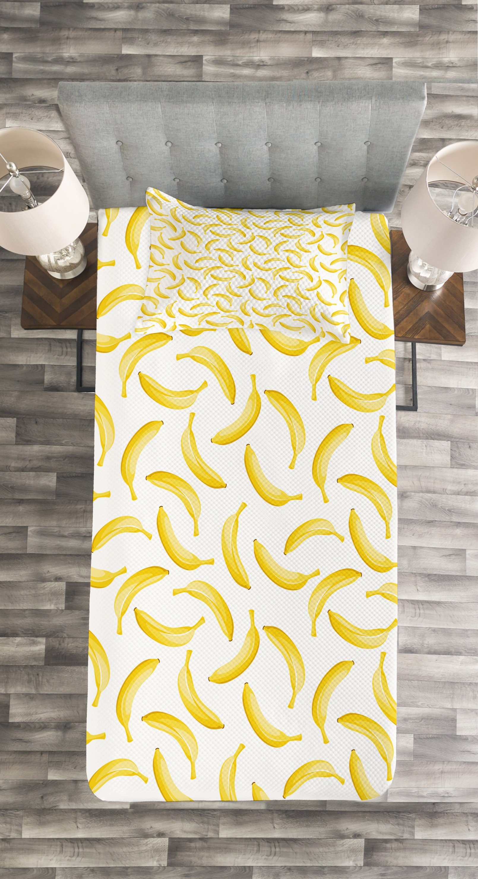Waschbar, und Set Cartoon Abakuhaus, Banana Gelb mit Tagesdecke Kissenbezügen Weiß