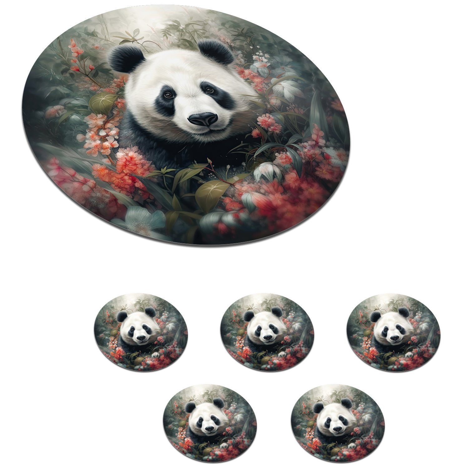 MuchoWow Glasuntersetzer Panda 6-tlg., - Natur, Gläser, Zubehör - Wildtiere für Tassenuntersetzer, Korkuntersetzer, Tasse, Becher Getränkeuntersetzer, - Blumen