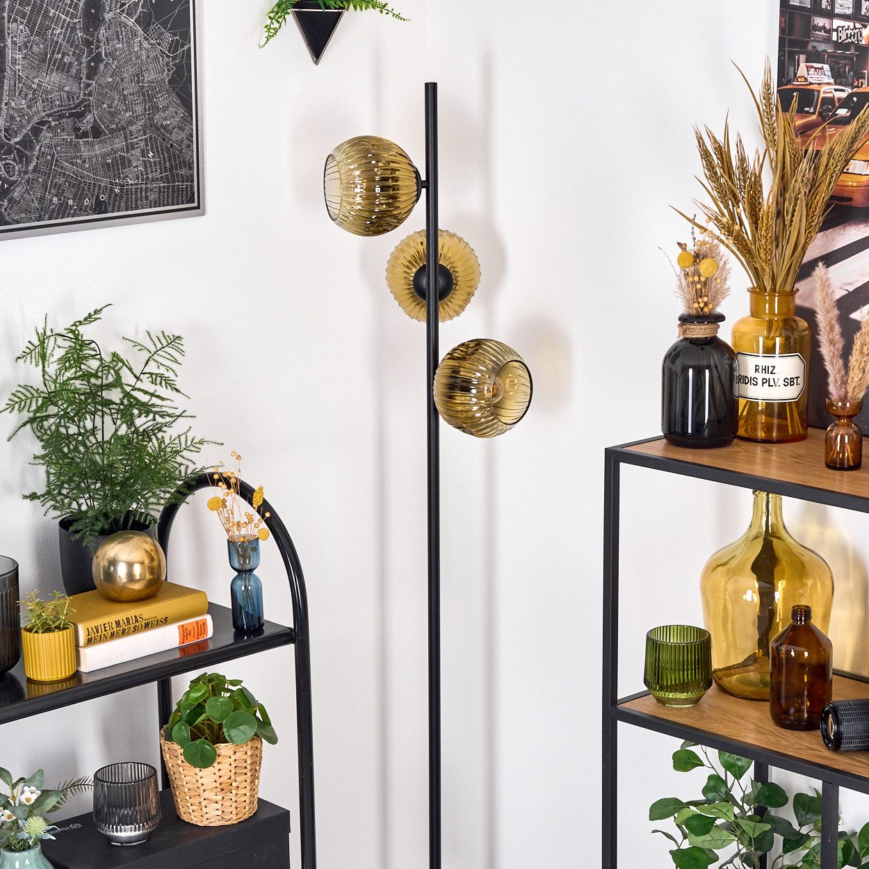 hofstein Stehlampe Stehlampe aus Metall/Riffelglas in Schwarz/Gold/Klar, Leuchte im Retro/Vintage-Design (Schirme 15 cm), Fußschalter, E14