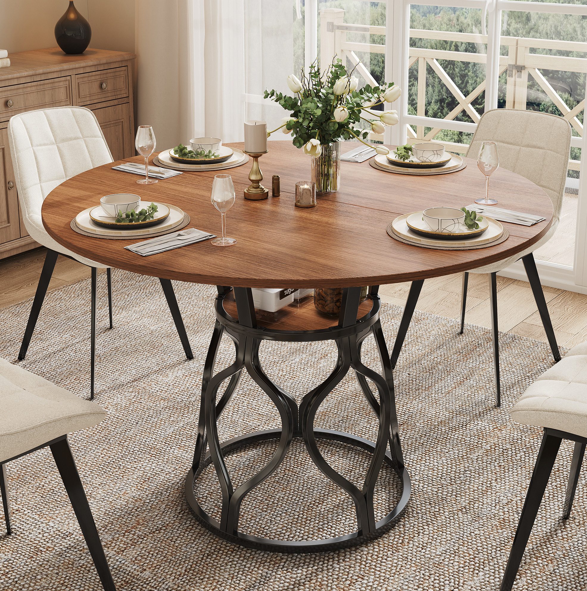 OKWISH Esstisch Runder Tisch mit Ablage & Metallgestell (Packung, 1-St., Walnuss+Schwarz, 100×100×75 cm, für Küche & Esszimmer), MDF, Walnussoptik, stabil, 4–6 Personen