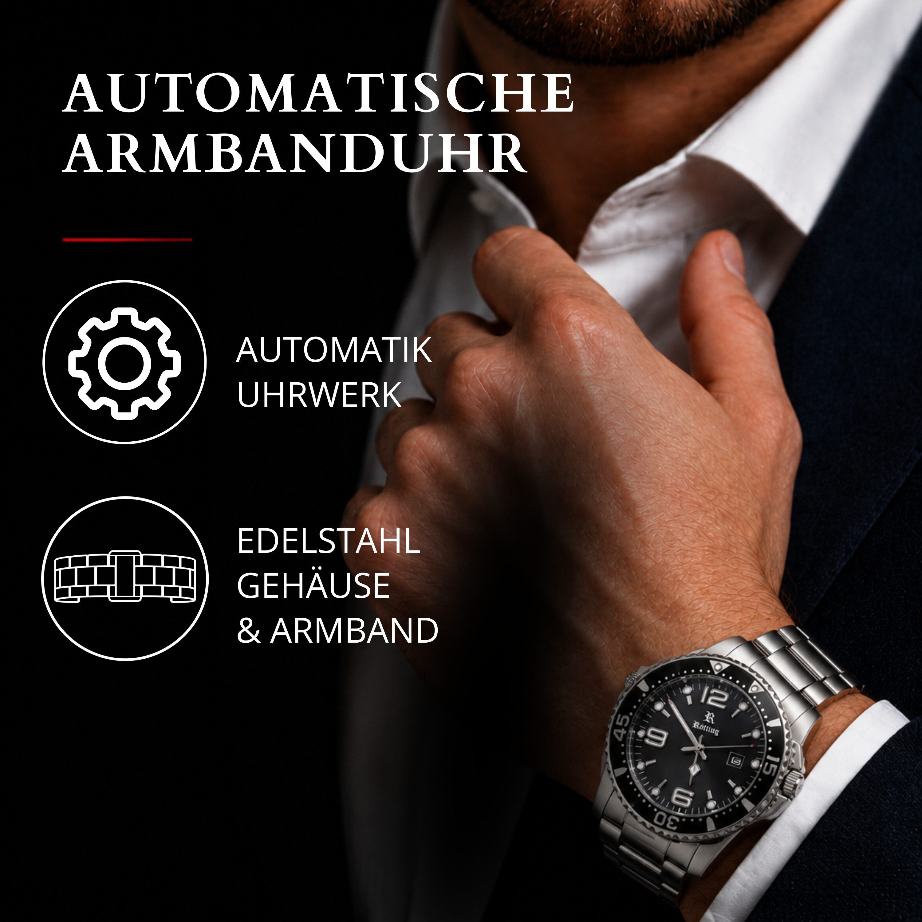 Rötting Design Quarzuhr Herren - Edelstahlarmband - Herrenuhr - schwarzes Zifferblatt, Gehäuse und Armband IP beschichtet, einseitig drehbare Lünette – Bild 3 von 5