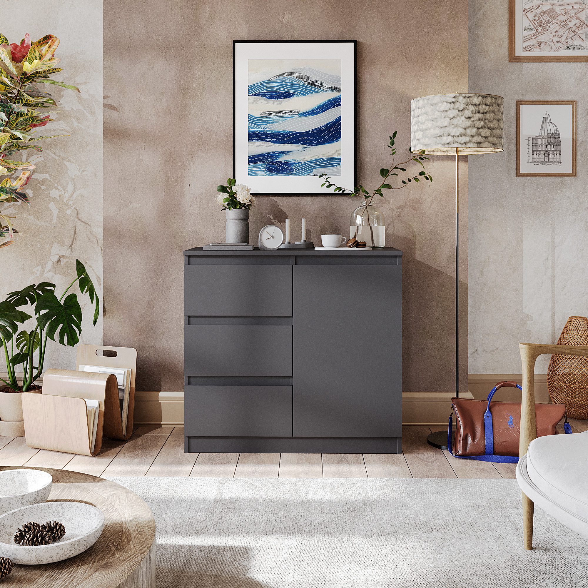 Furnica Kommode Anthrazit 80 cm mit 3 Schubladen und 1 Tür- Wohn - und Schlafzimmer – Bild 5 von 5