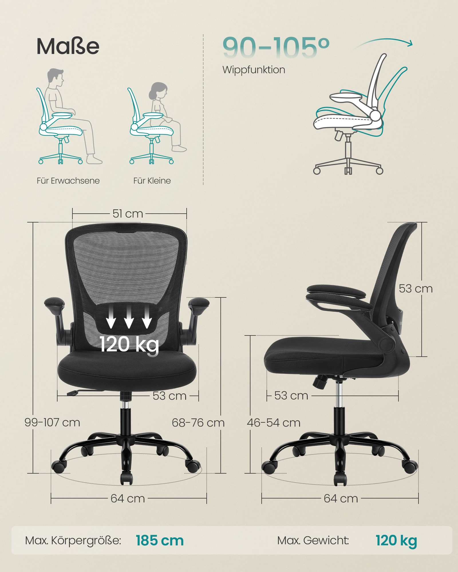 SONGMICS Bürostuhl, ergonomisch, Drehstuhl mit Mesh, Wippfunktion, klappbare Armlehnen