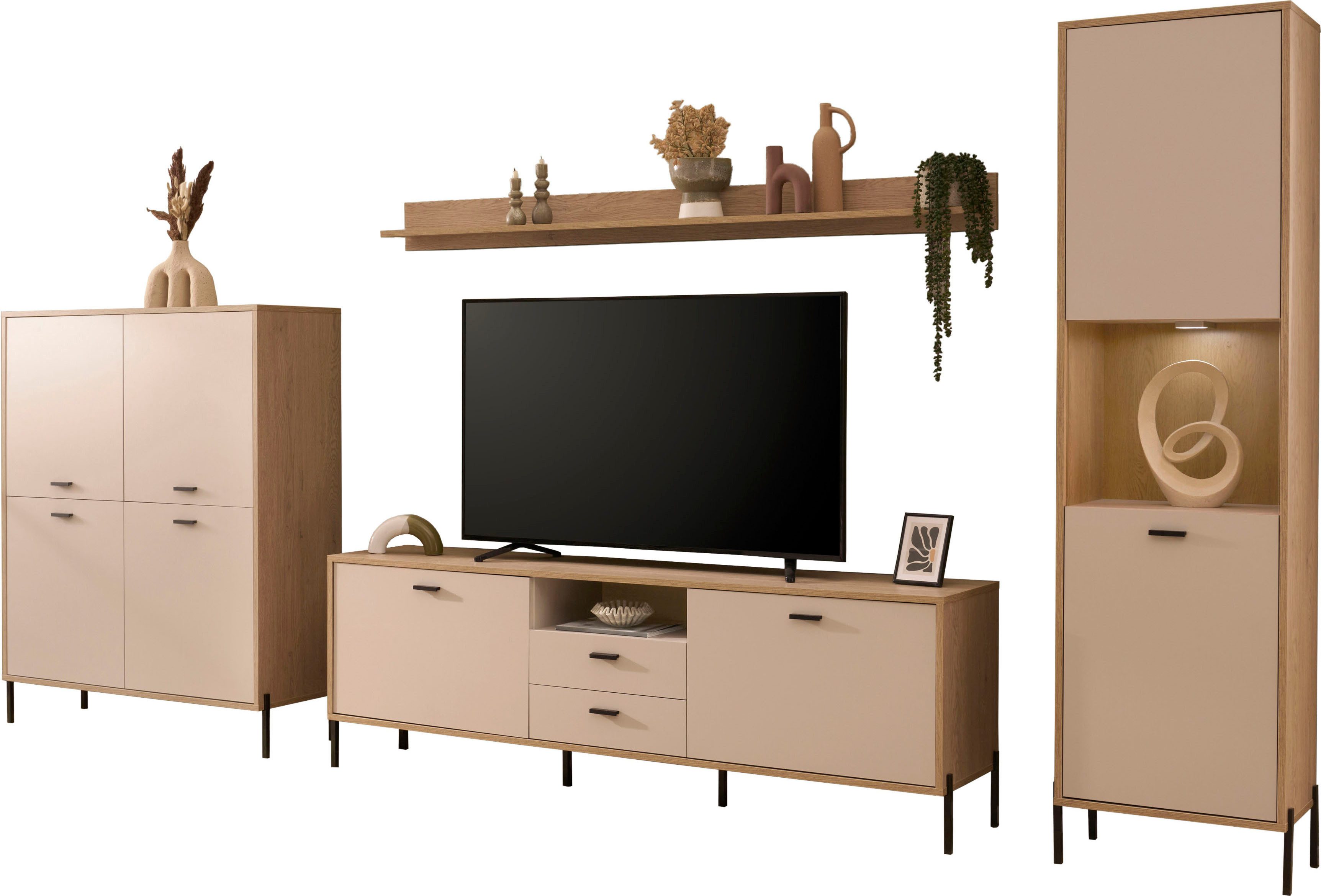 Home affaire Wohnwand Fredericia, moderne Anbauwand, Komplettset in Kaschmir, (Set, 4-St), enthält Vitrine, Lowboard, Highboard und Wandboard, 384 cm breit