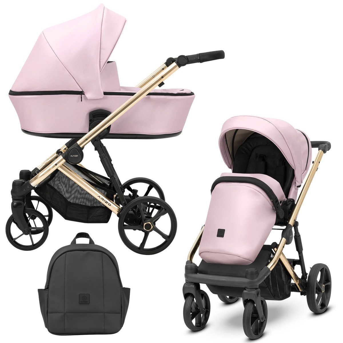 KUNERT Kombi-Kinderwagen ARIZO PREMIUM 2 n1 Öko-Leder Kinderwagen mit goldenem Gestell, Leichtgewichtige Aluminiumkonstruktion, 5-Punkt-Sicherheitsgurt