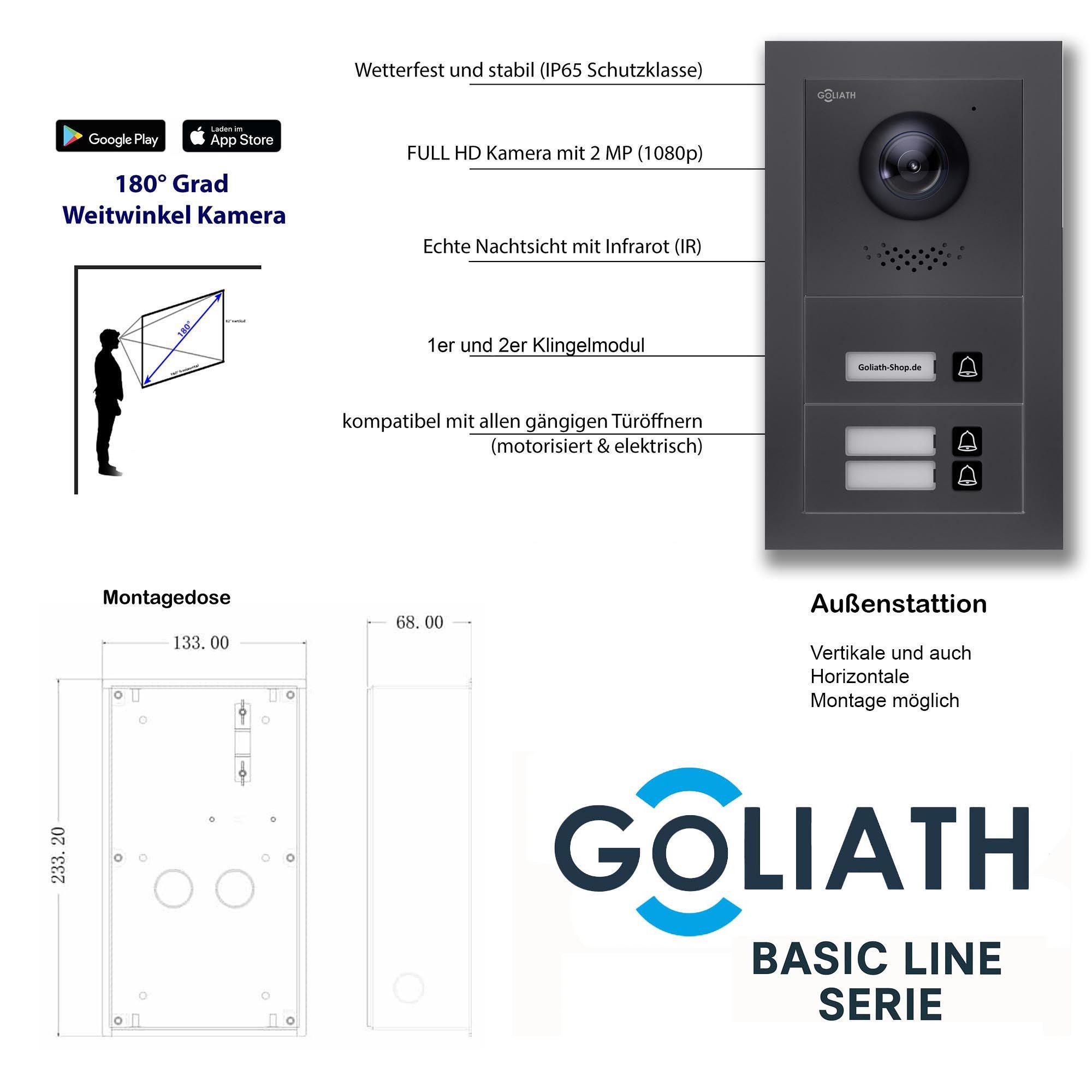 Goliath Intercom Video-Türsprechanlage Video Türklingel mit Kamera, 3-Familie Goliath Basic-Line 2-Draht (Privat oder Gewerblich)