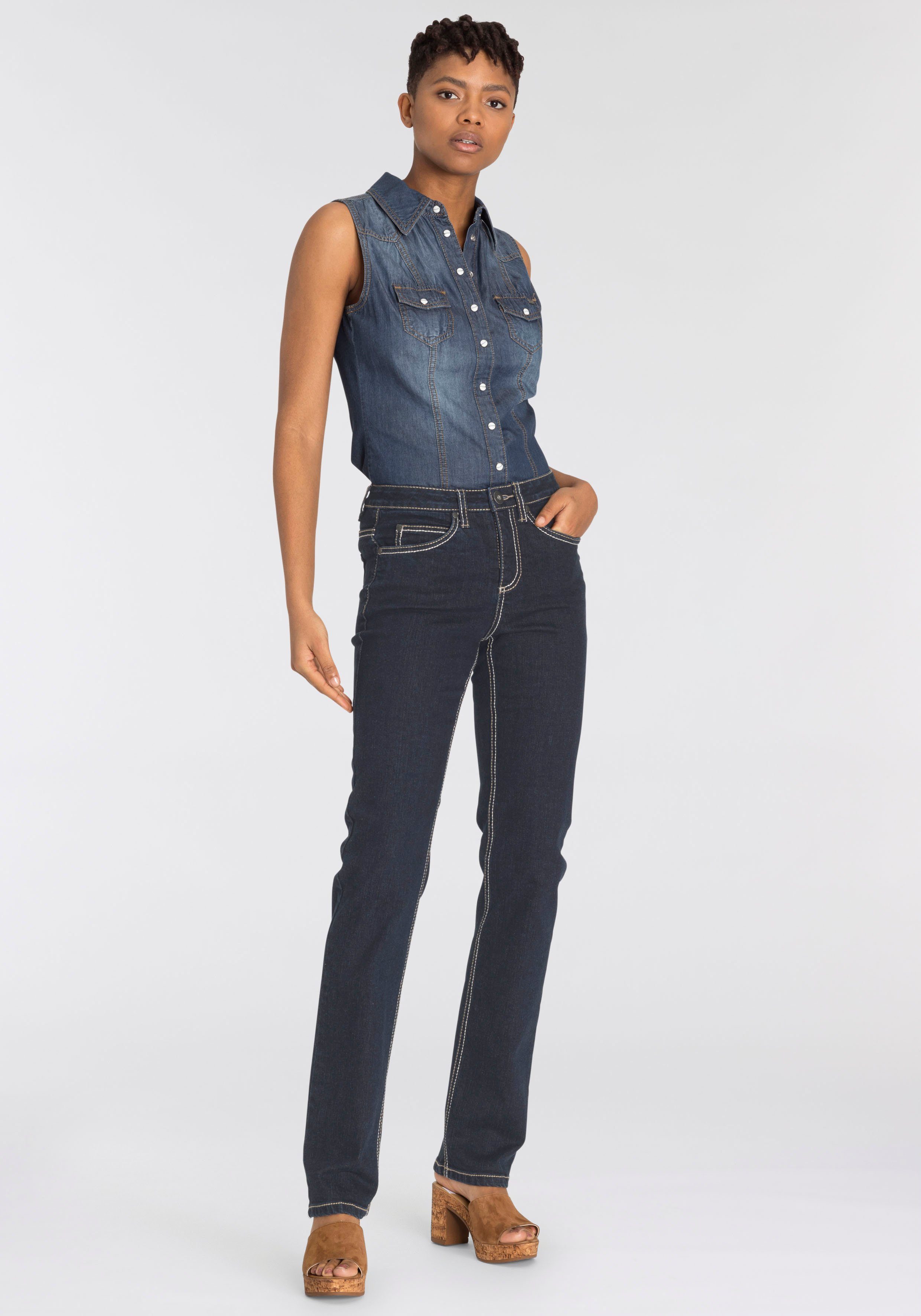 Comfort-Fit Gerade Kontrastnähten High mit rinsed Waist Arizona Jeans