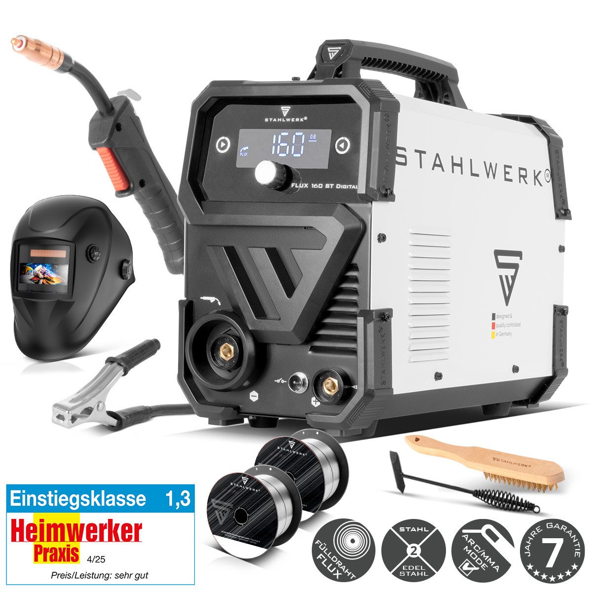 STAHLWERK Fülldrahtschweißgerät Schweißgerät FLUX 160 ST Digital mit 160 A, 40 - 160 A, Packung, 1-tlg., Vollausstattung, synergischem Drahtvorschub