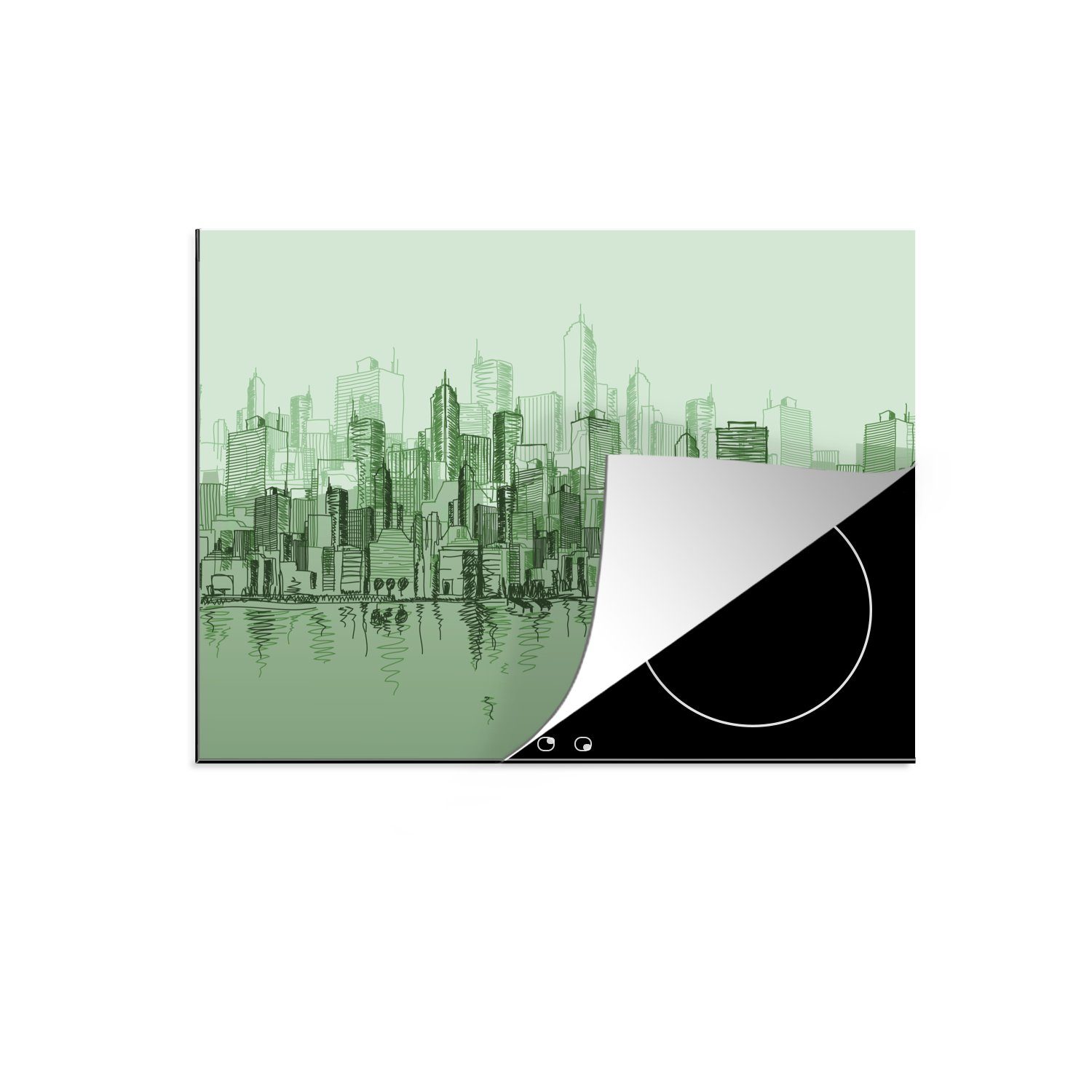 MuchoWow Herdblende-/Abdeckplatte New York - Zeichnung - Grün, Vinyl, (1 tlg), 70x52 cm, Mobile Arbeitsfläche nutzbar, Ceranfeldabdeckung | Herdabdeckplatten