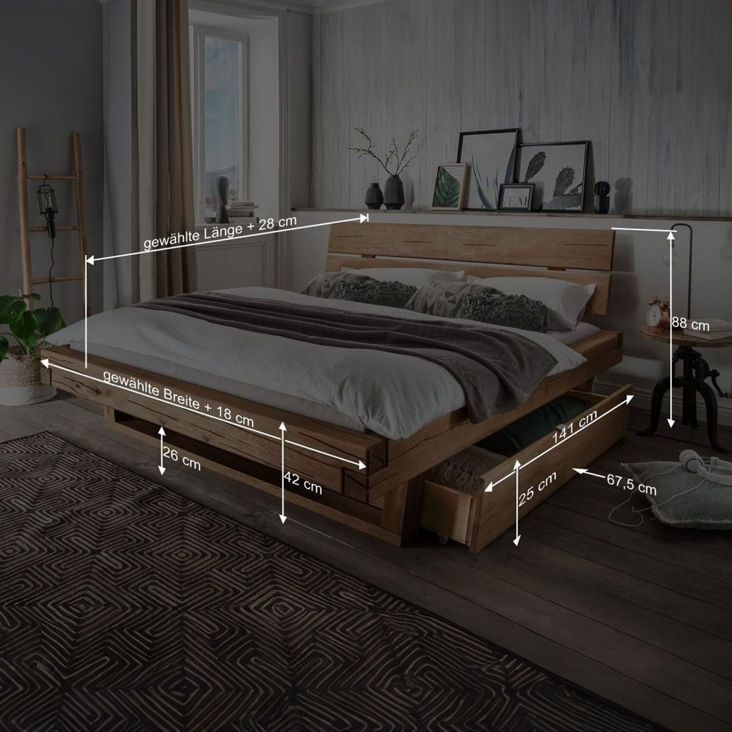 HOMELIV. Bettgestell HOMELIV. Balkenbett Romeno 180x200 cm Massivholz mit Schubkasten