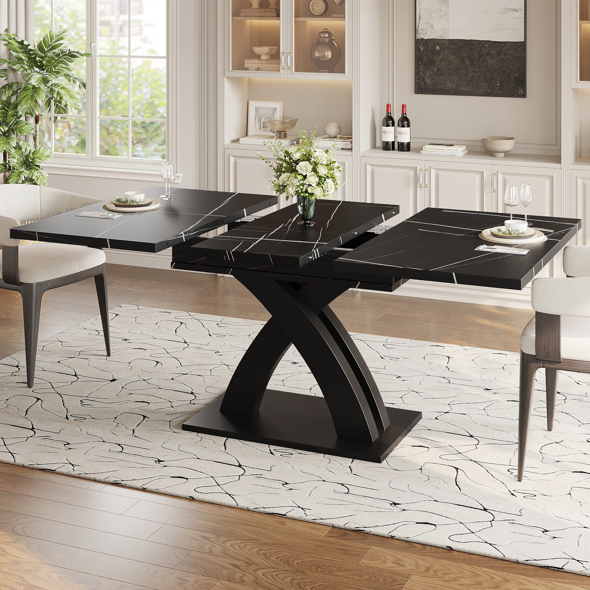 KLAM HOME Esstisch Ausziehbarer Esstisch mit praktischem Verlängerungssystem (Moderner Küchentisch in stabiler X-Bein-Optik), Platzsparender Wohntisch für Familienessen und Gästeempfang