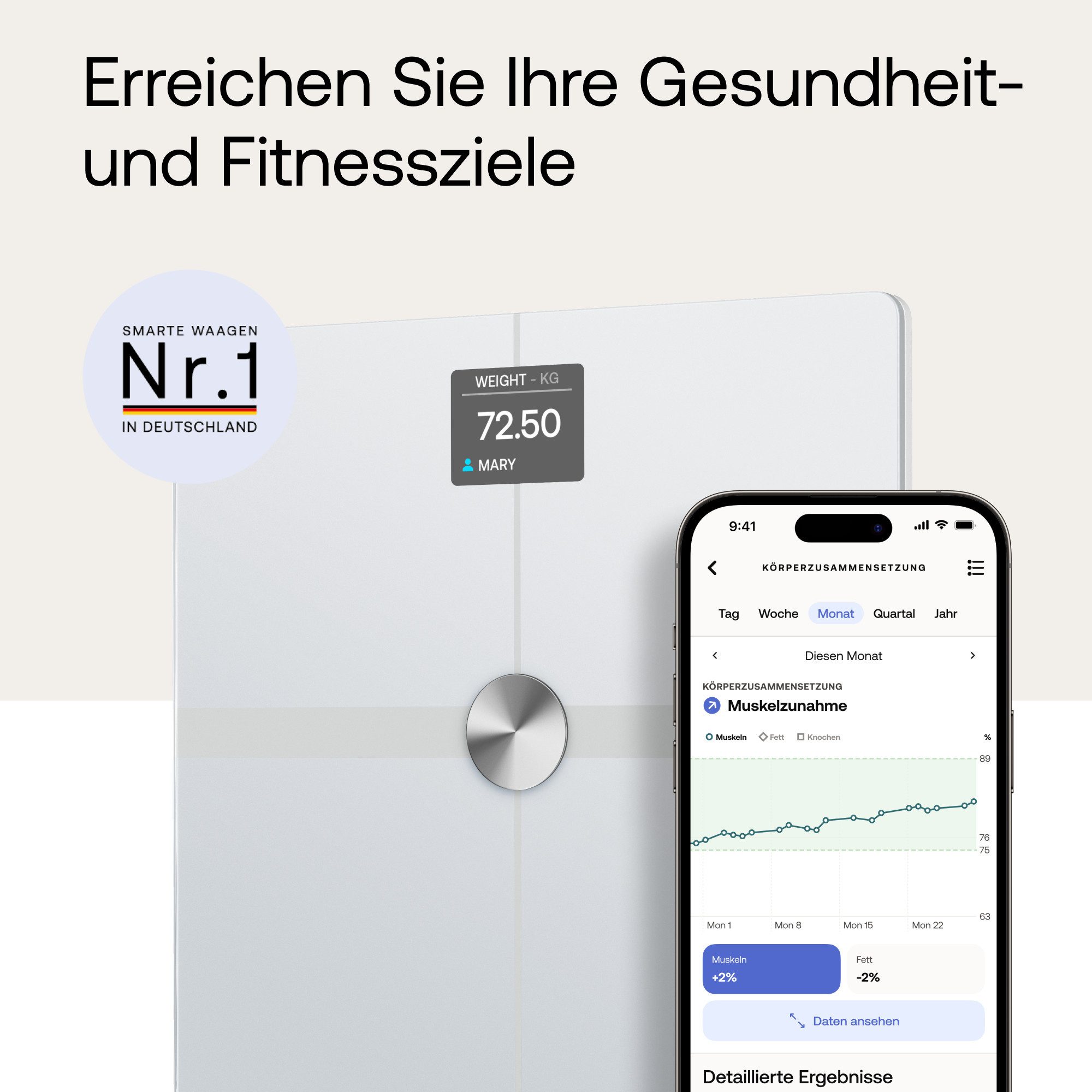 Withings Körper-Analyse-Waage Body Smart, einschließlich Körperfett-/Muskelmasse, automatische Erkennung und Verfolgung von bis zu 8 Benutzern