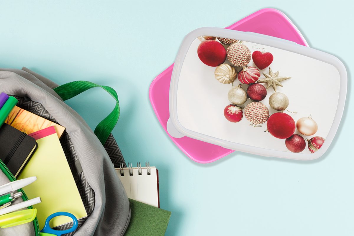 MuchoWow Lunchbox Winter - Weihnachten Kunststoff Kinder, Erwachsene, - rosa Brotdose Mädchen, Brotbox Christbaumkugeln, Snackbox, Kunststoff, für (2-tlg)