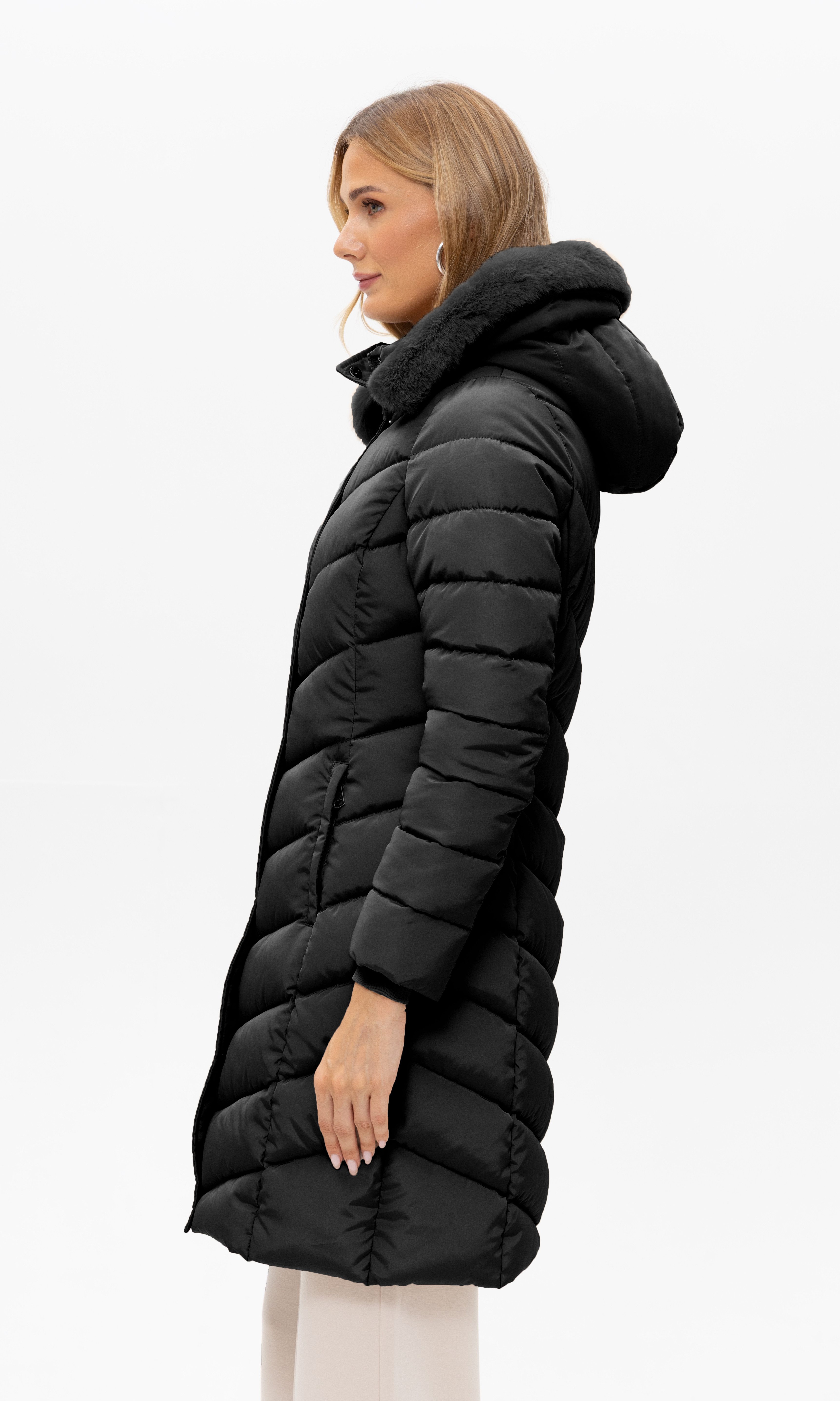 Passioni Winterjacke Lange Steppjacke mit Kapuze mit abnehmbaren Kunstfellb günstig online kaufen