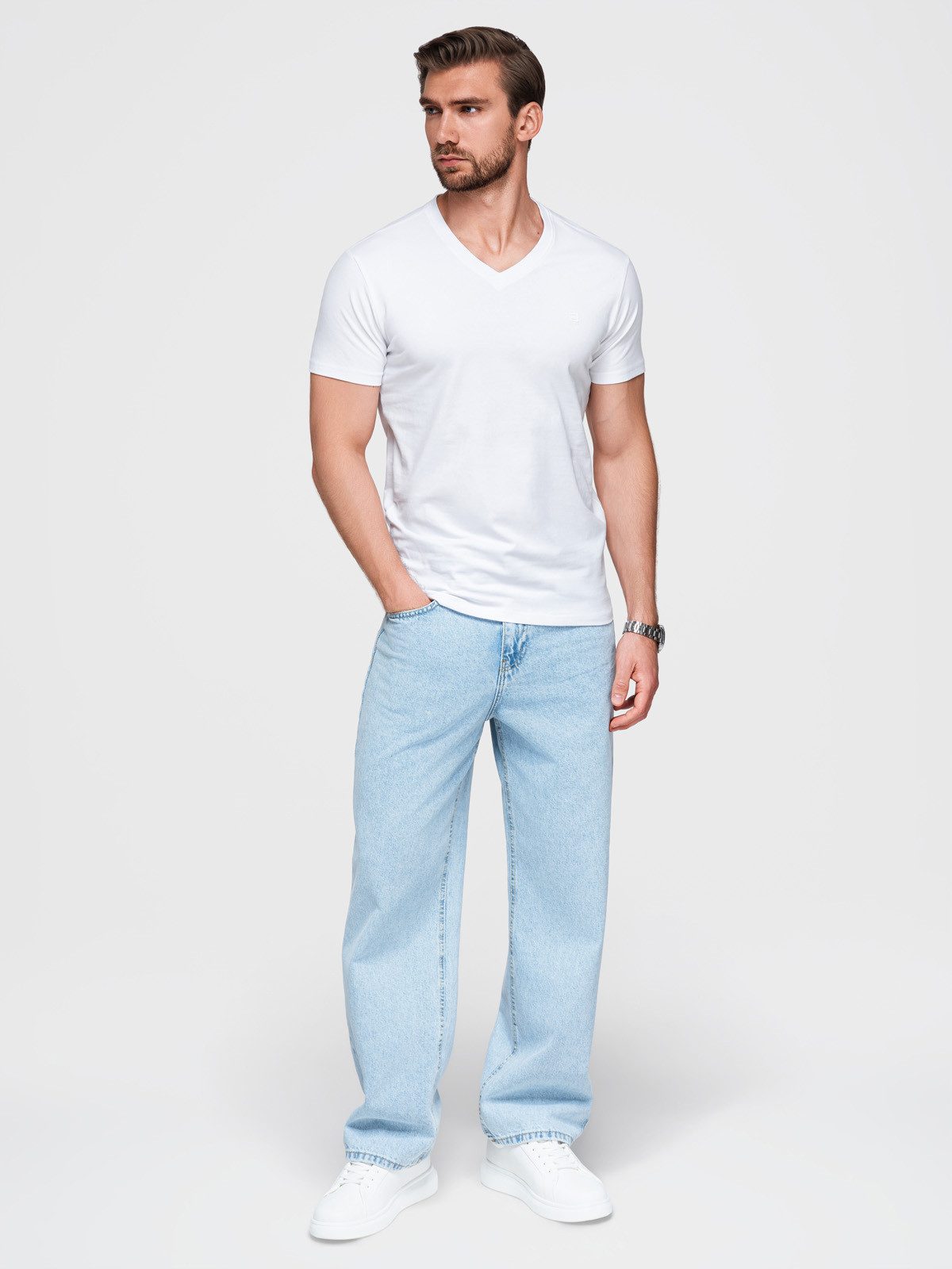 T-Shirt Herren T-Shirt V-Ausschnitt Casual Weiß XXL