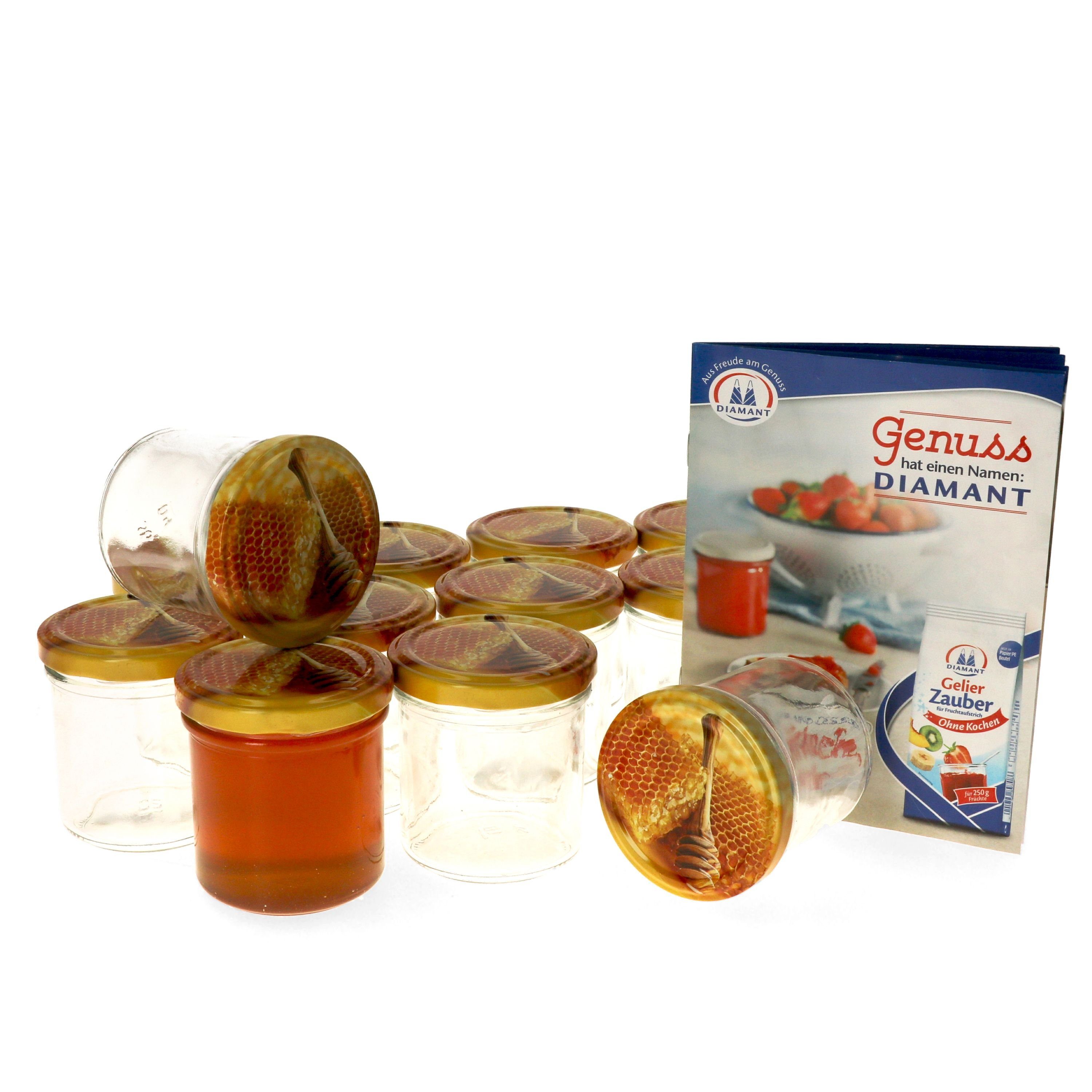MamboCat Einmachglas 12er Set Sturzglas 167 ml Carino Deckel mit Honigwabe incl. Rezeptheft, Glas