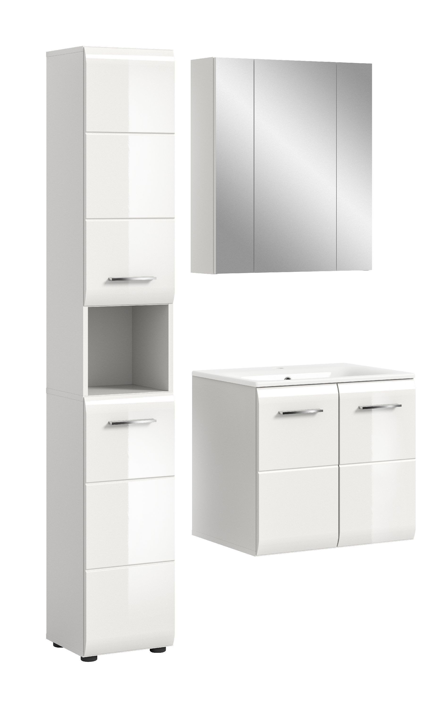 xonox.home Badmöbel-Set Ice, (3tlg. Set inkl. Hoch-, Spiegelschrank, Waschtisch Inkl. Waschbecken), weiß Nachbildung Melamin beschichtet modern 105x185x46 cm