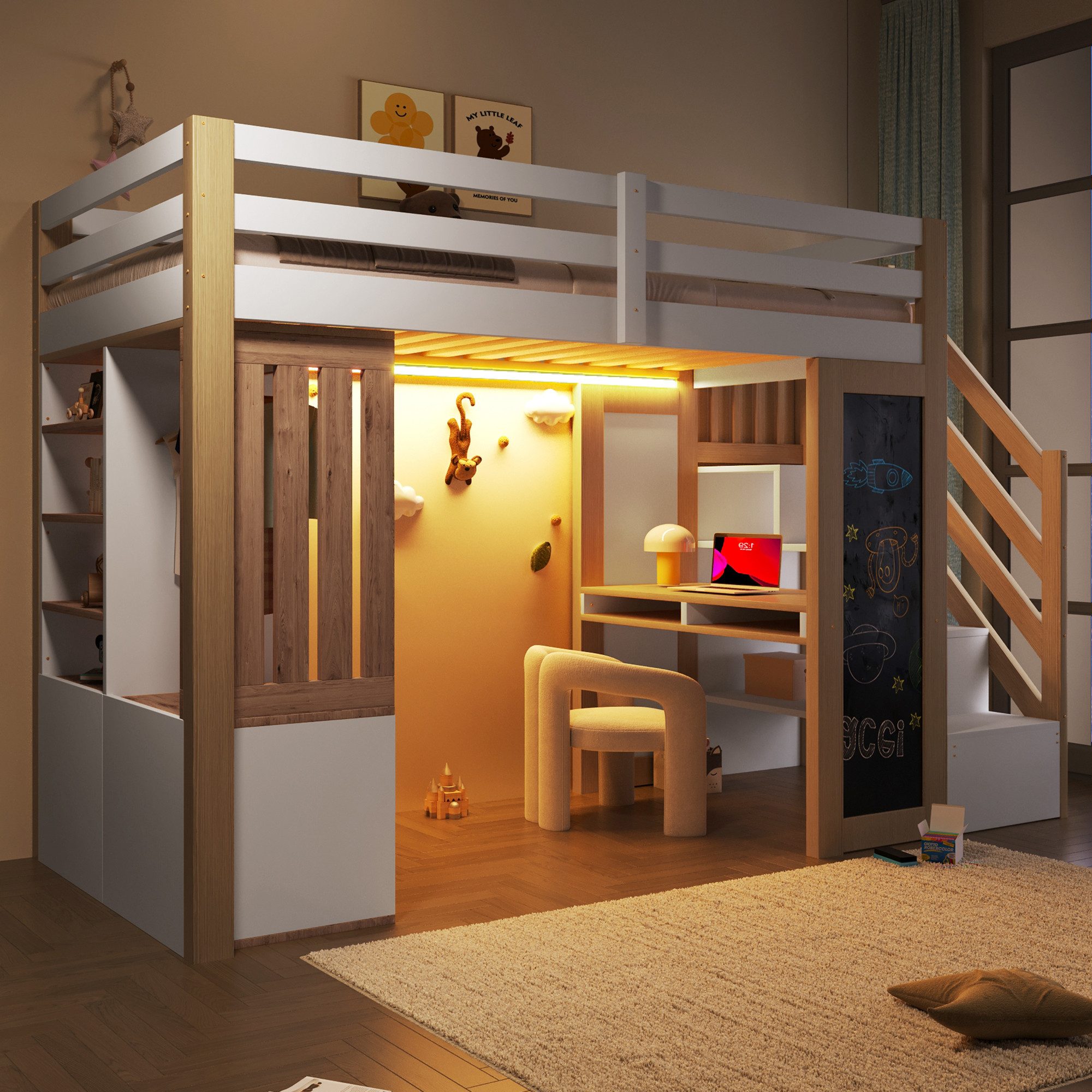 MODFU Hochbett Modernes Kinder-Hochbett (Kleiderschrank, Tafel und LED-Beleuchtung, Weiß+Natur, 1-St., 251.5 x 93.6 x 165)