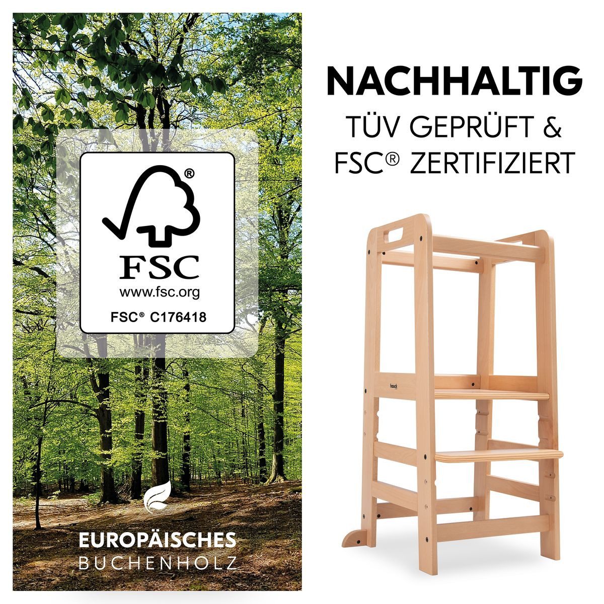 Hauck Hochstuhl Learn N Explore - Natural, Kinder Lernturm Kinderstuhl für Küche ab 1 Jahre bis 40 kg Mitwachsend