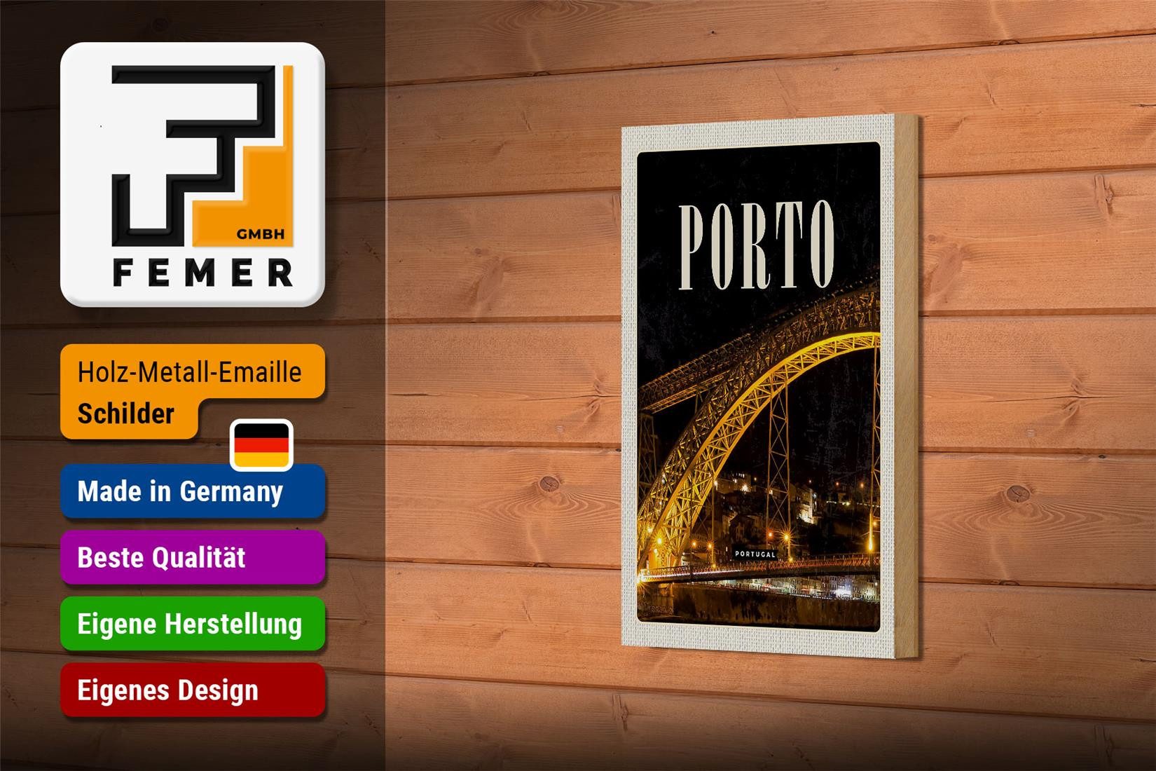 Femer GmbH Holzbild Reise 12x18 cm Porto Portugal Brücke Nacht Bild, (1 St), Glatte Holzfaserplatte (MDF), vorn beschichtet