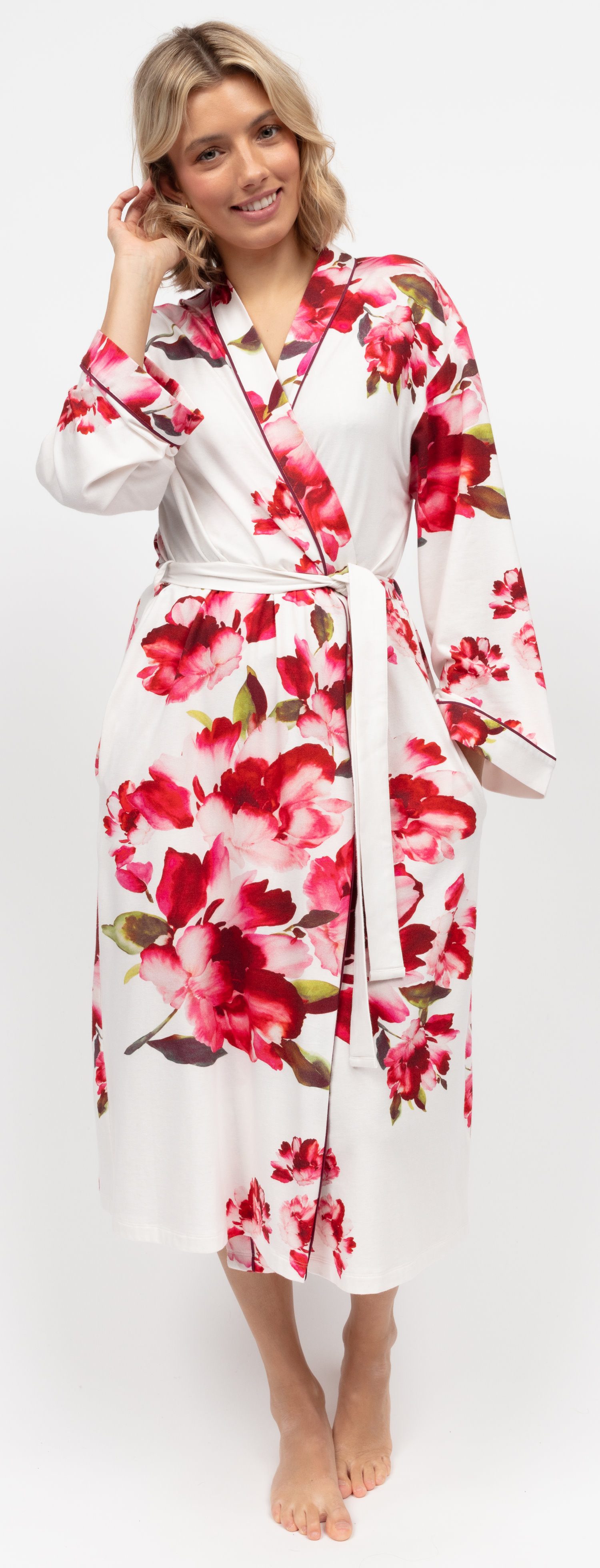 Cyberjammies Kimono Damen Morgenmantel, Midi, Baumwollmischung, Kimonokragen, Gürtel, Edles Design