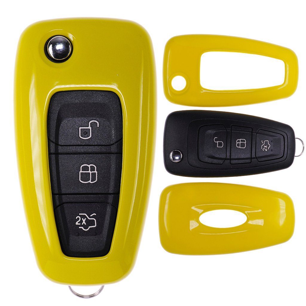 mt-key Schlüsseltasche Focus Transit Schutzhülle Autoschlüssel Fiesta Ford Gelb, S-Max Mondeo Klappschlüssel Hardcover für