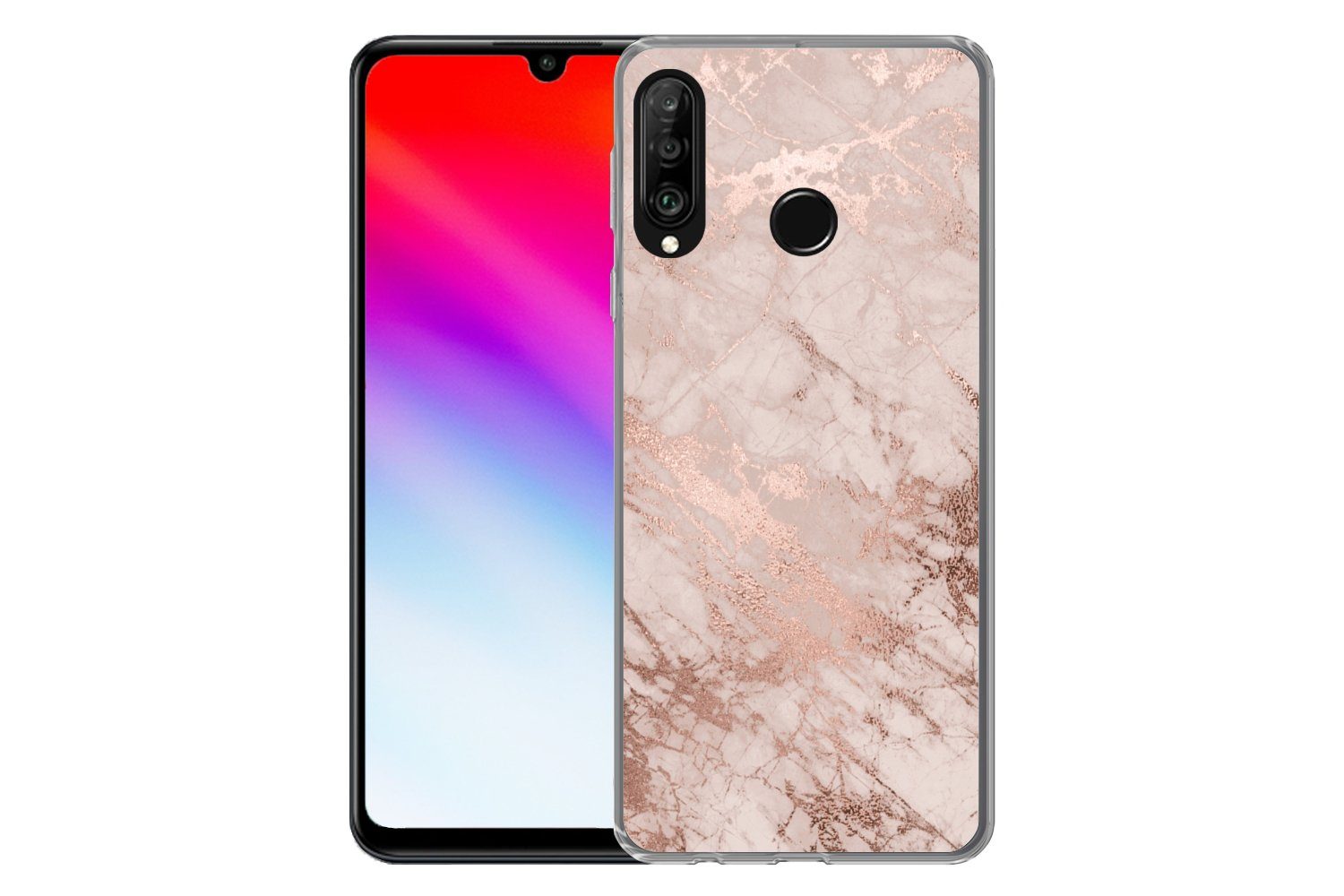 MuchoWow Handyhülle für Huawei P30 Lite Marmor - Rosa - Luxus - Marmoroptik - Glitzer - De, Handy Case, Silikon, Bumper Case Dünn