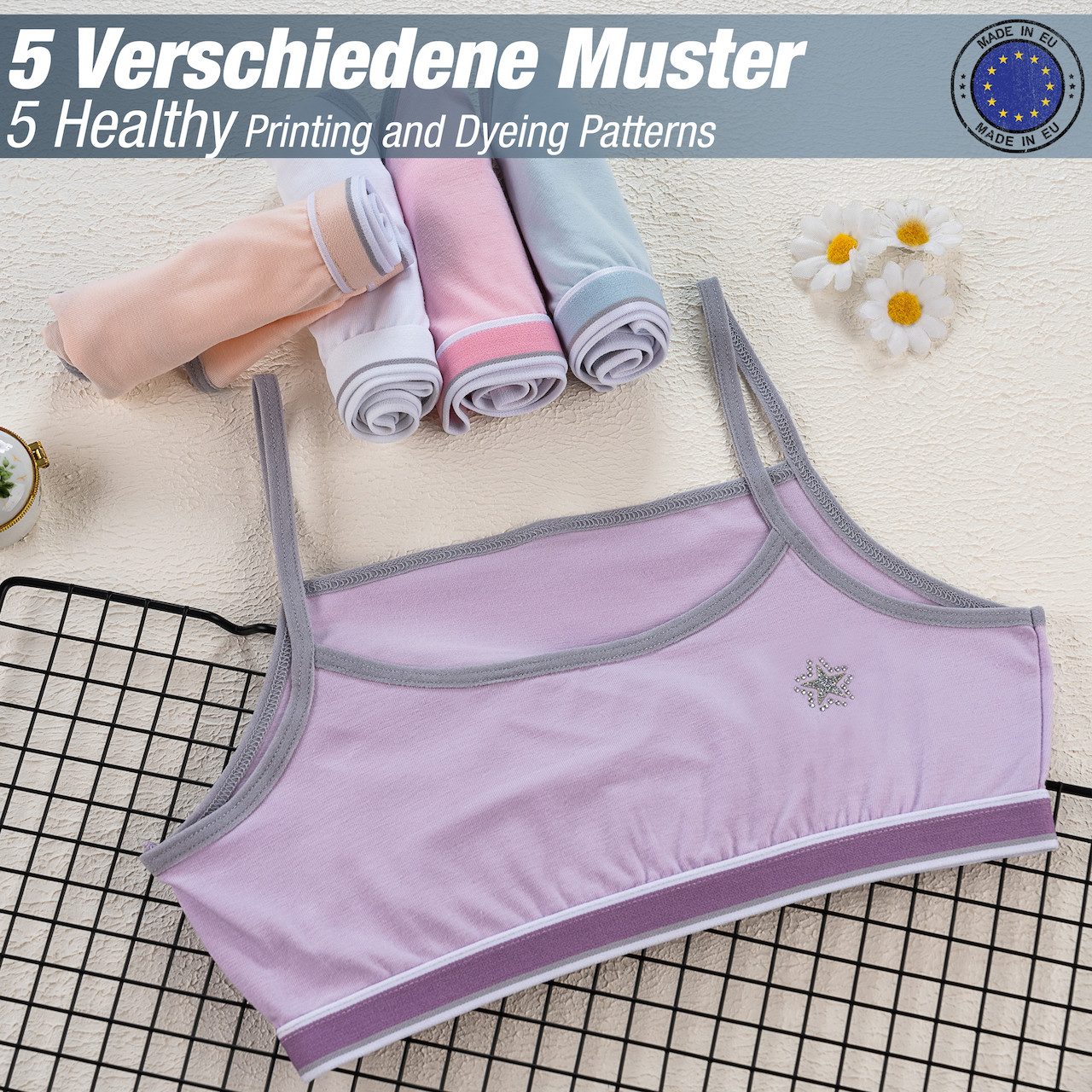 LOREZA Bustier 5er Set Mädchen Bustier Baumwolle - Strass- Bunt (Set, 5-tlg., 5er-Pack)