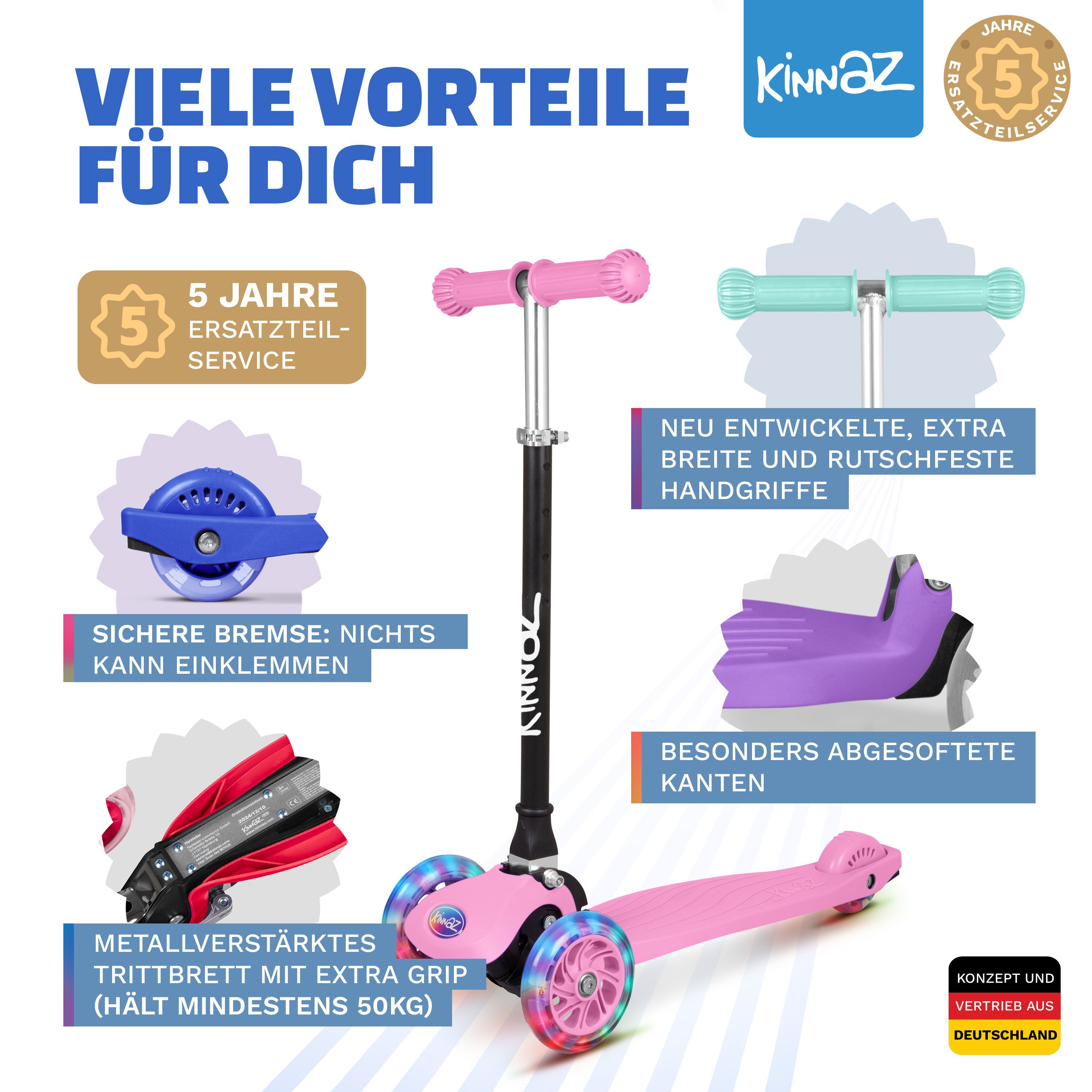 KINNAZ Dreiradscooter ab 2 Jahre LED, faltbar, Höhe flexibel, Kinderoller, Scooter, Roller, (Kinderroller, kinnaz ONE), Händler aus Hamburg – Bild 5 von 5