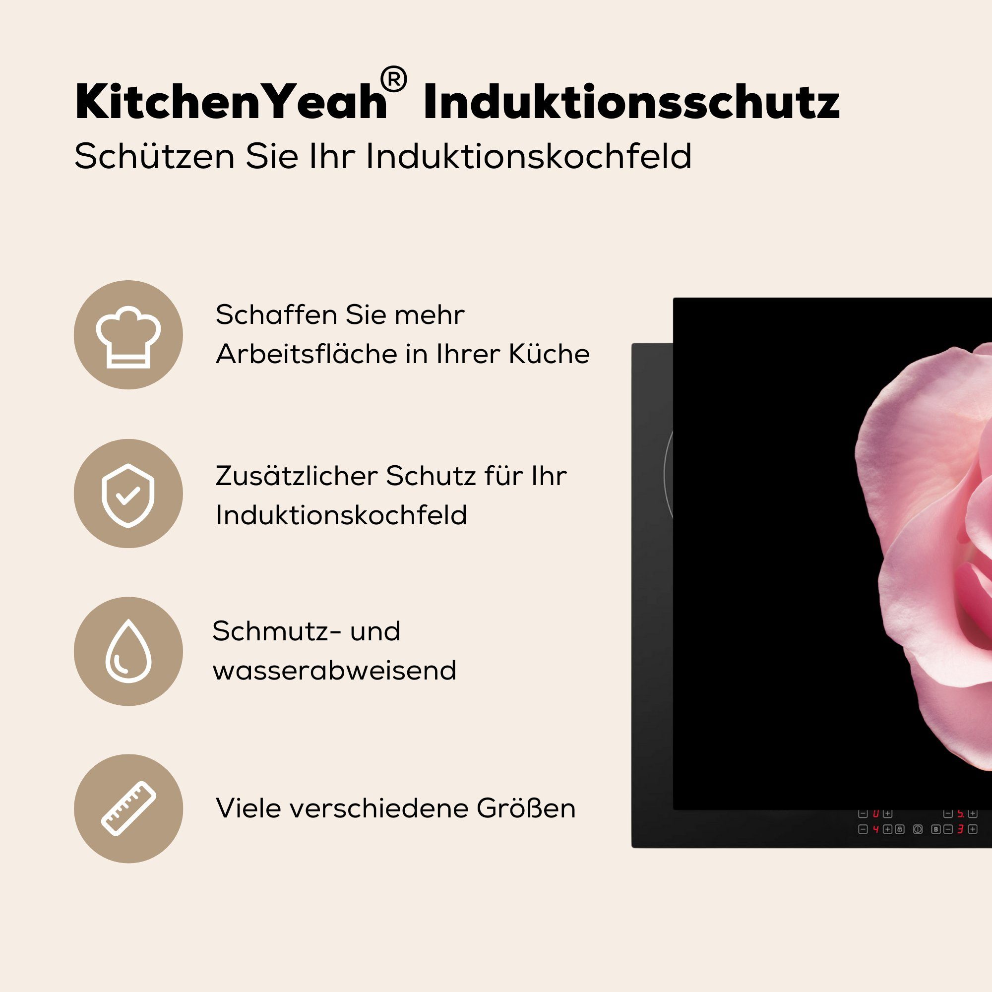 - Induktionskochfeld die MuchoWow Vinyl, Rosa, tlg), Ceranfeldabdeckung (1 Blume Herdblende-/Abdeckplatte Schutz küche, - Rose cm, für 81x52