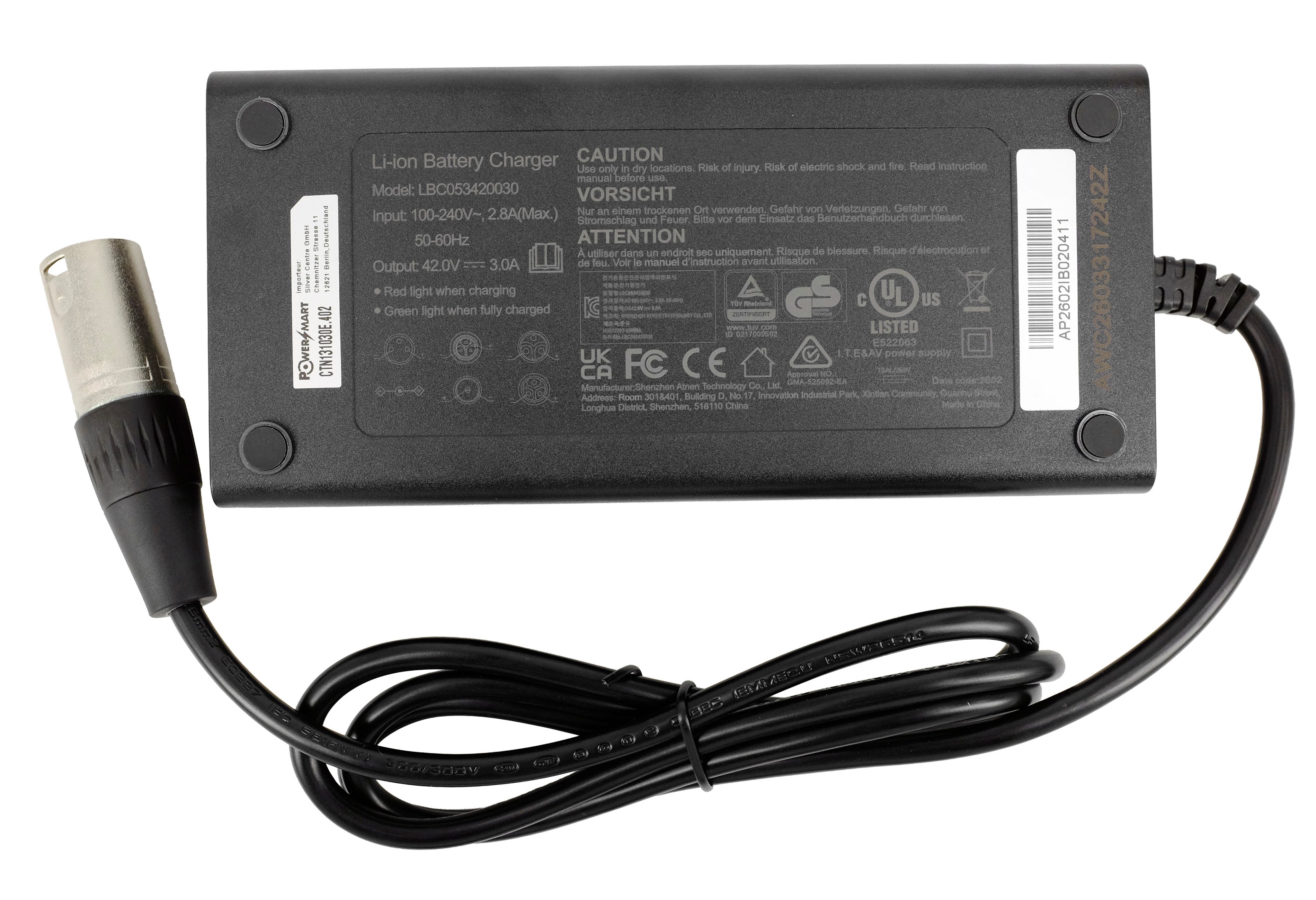 PowerSmart Batterie-Ladegerät (42V 3A für 36V Li-Ionen E-Bike Akkus, XLR-4-Pin-Anschluss) – Bild 5 von 5