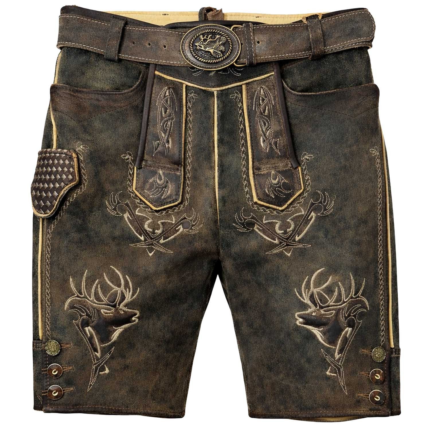 Trachtenlederhose 'Urgsee' mit Hirschstickerei, Antik Coffee